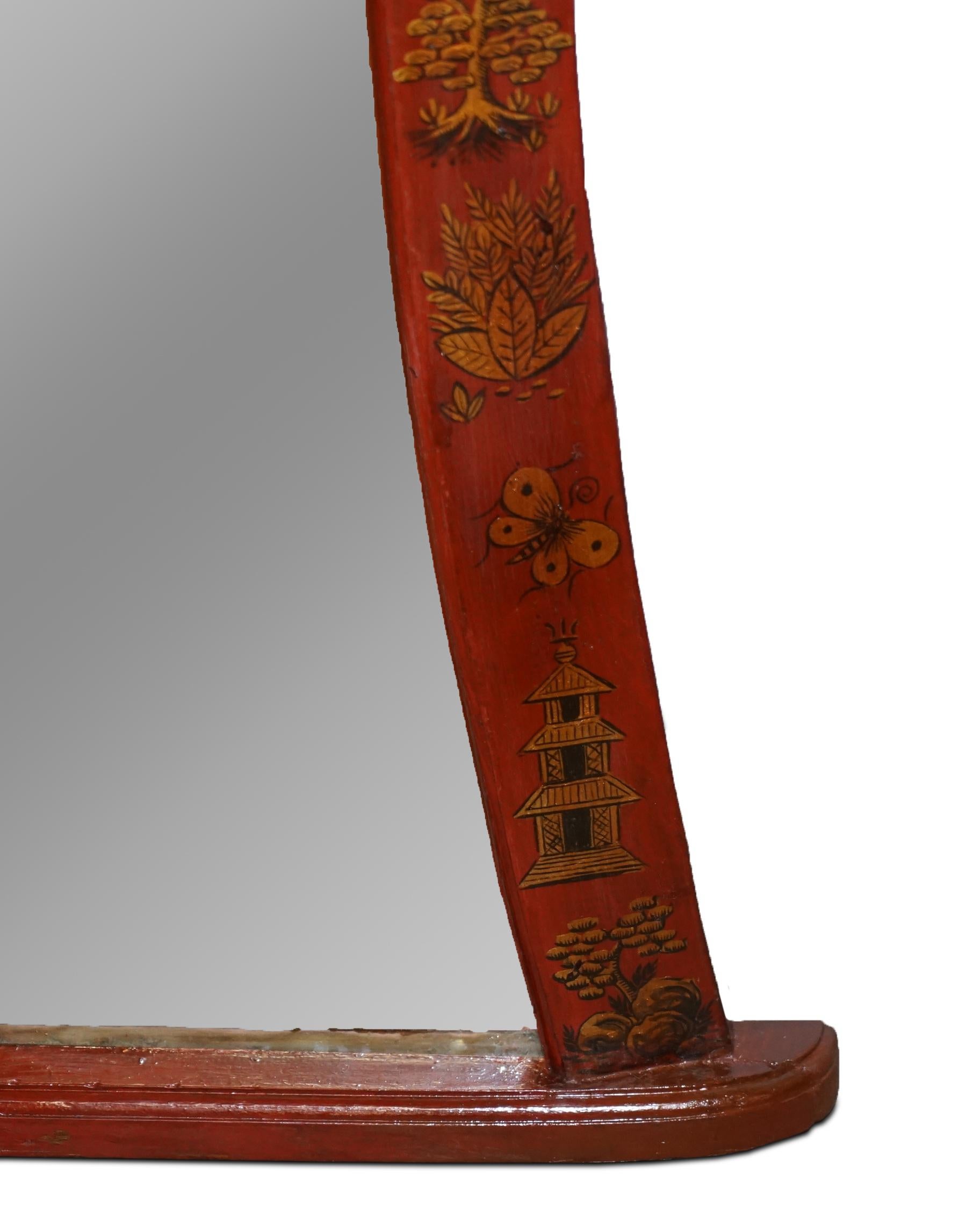 Large Red Lacquered Chinese Painted Chinoiserie Mirror For Sale 6