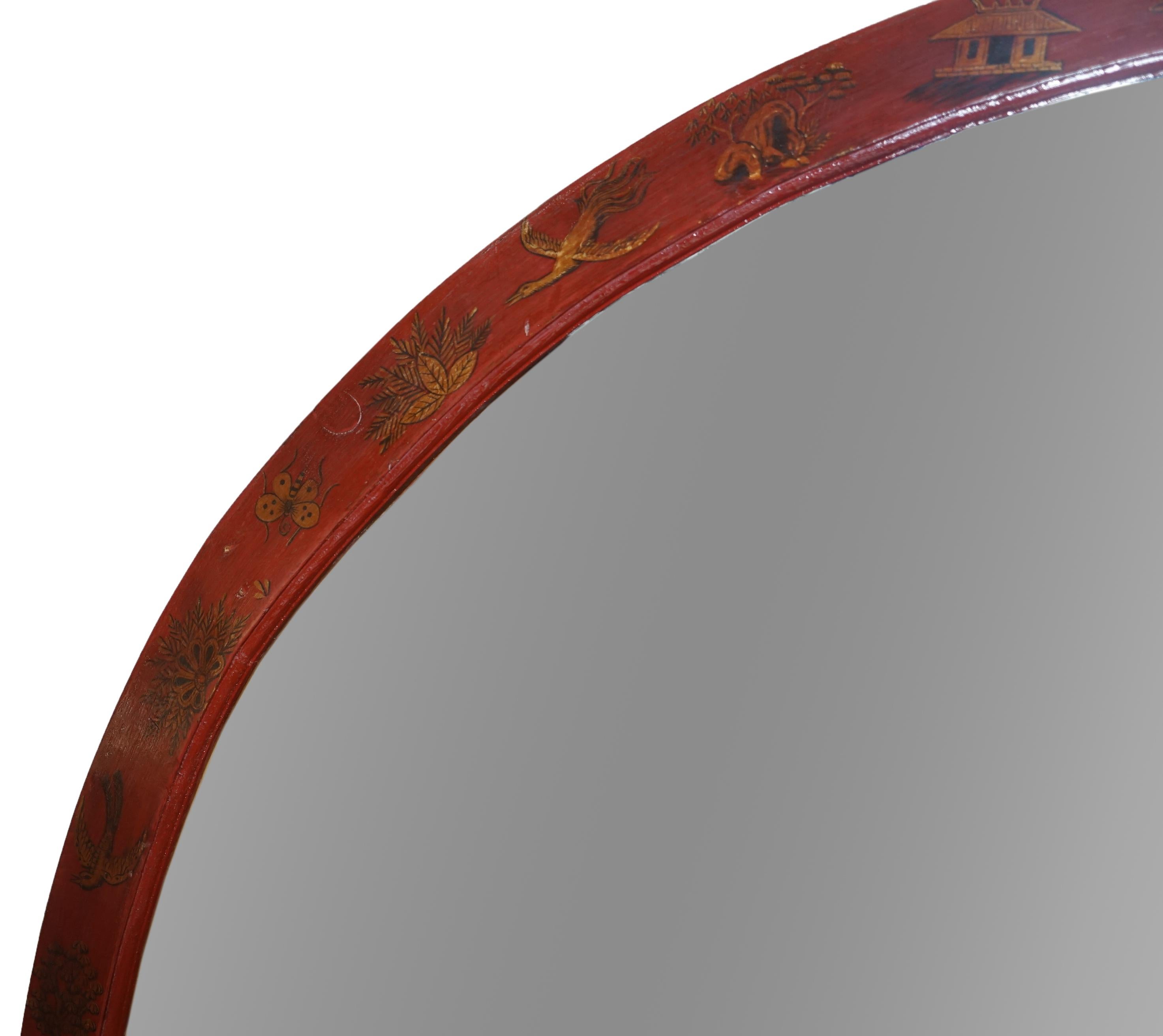 Großer rot lackierter chinesischer bemalter Chinoiserie-Spiegel (Chinesisch) im Angebot