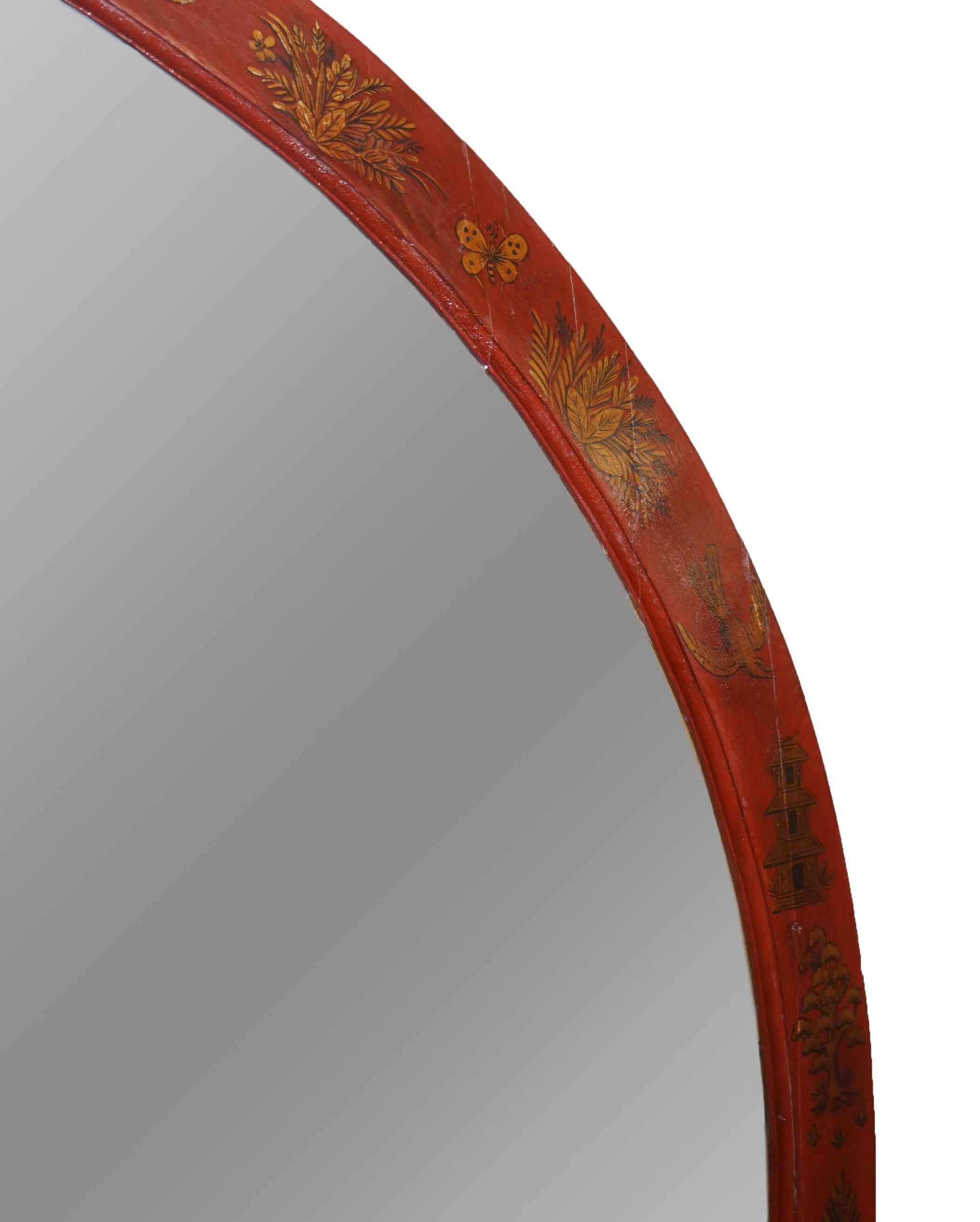 Großer rot lackierter chinesischer bemalter Chinoiserie-Spiegel (20. Jahrhundert) im Angebot