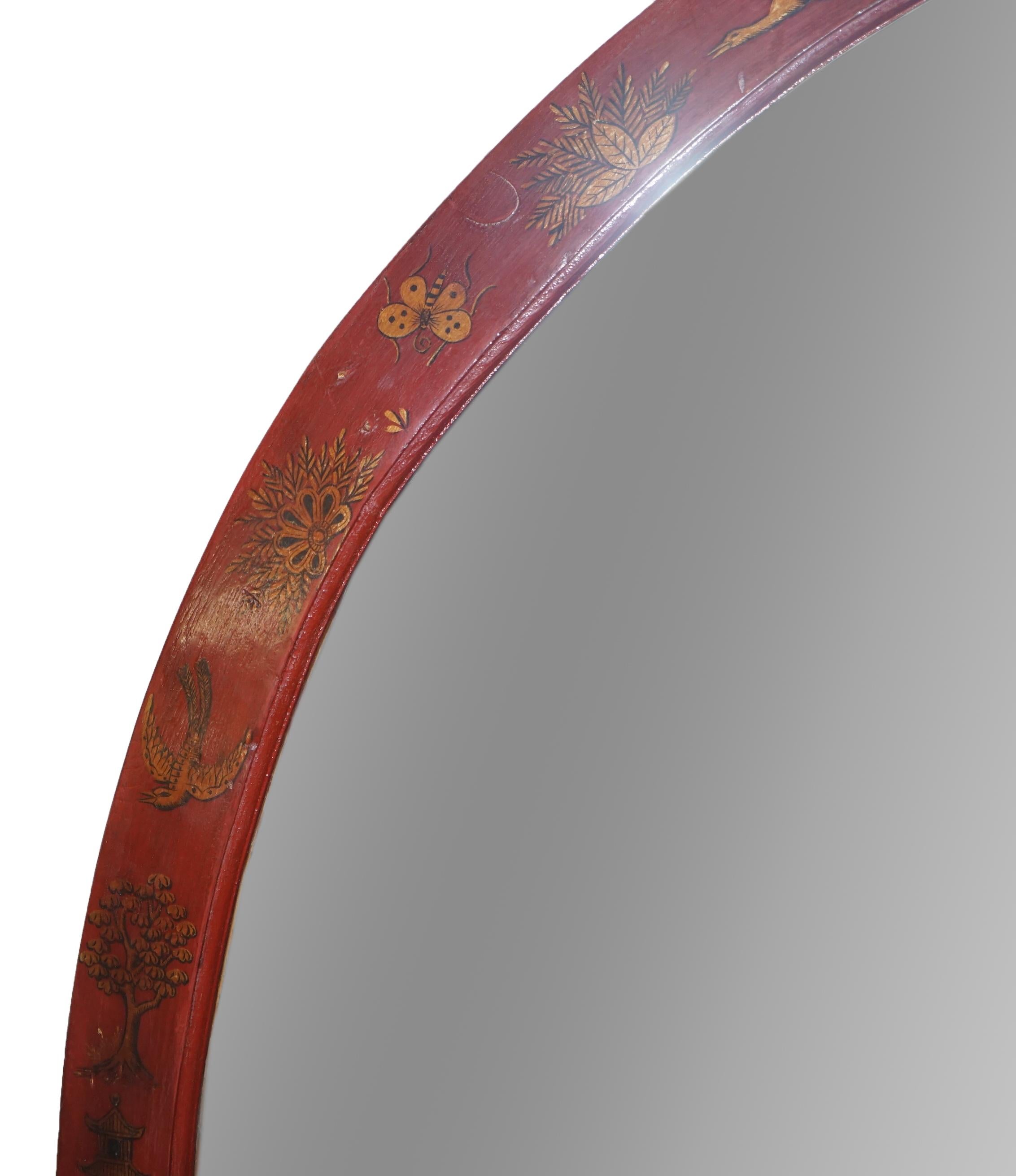Large Red Lacquered Chinese Painted Chinoiserie Mirror For Sale 1