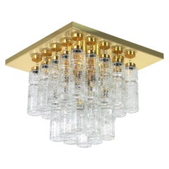 Vintage 1 of 2 Large Brass Crystal Glass Chandelier by Limburg, Germany, 1960s