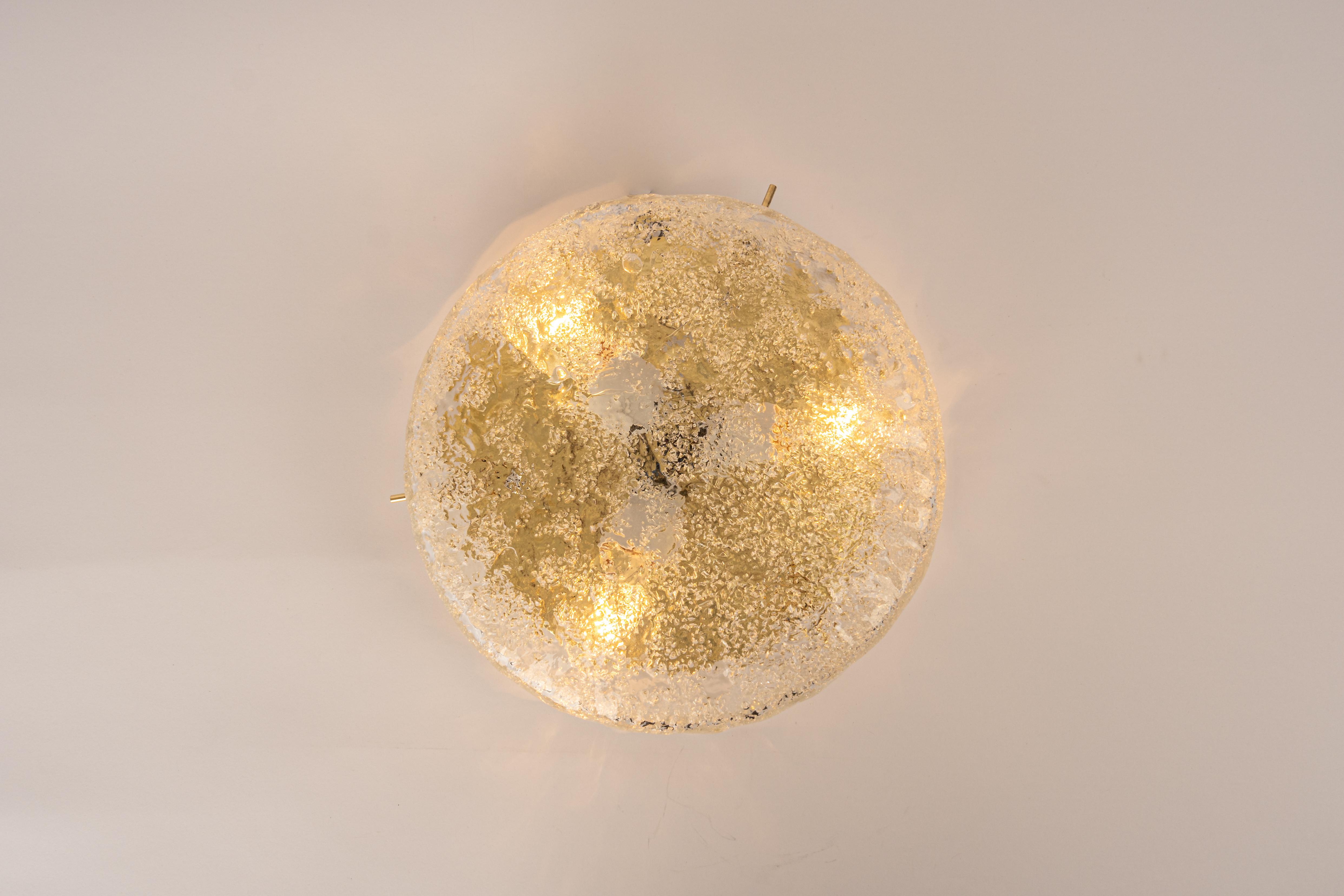 1 of 4 Large Brass Hillebrand Murano Glass Flush Mount, Germany, 1970s For Sale 1