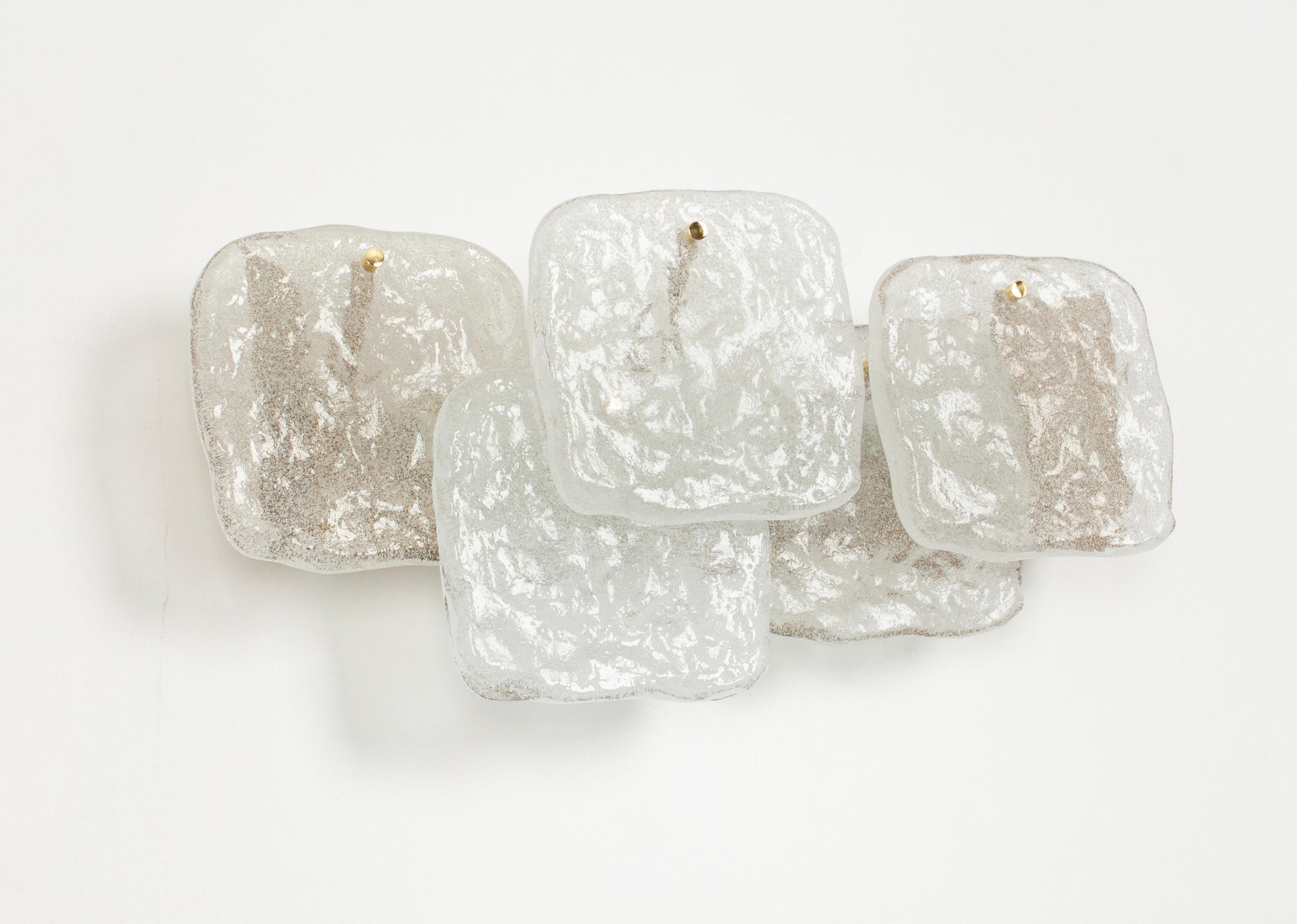1 of 2 Fantastic midcentury wall sconces with five  large Murano glass pieces on a gold colored frame, made by Kalmar, Austria, manufactured, circa 1960-1969.
Great geometrical shape. 
Each sconce needs five x E14 small bulbs.
Light bulbs are not