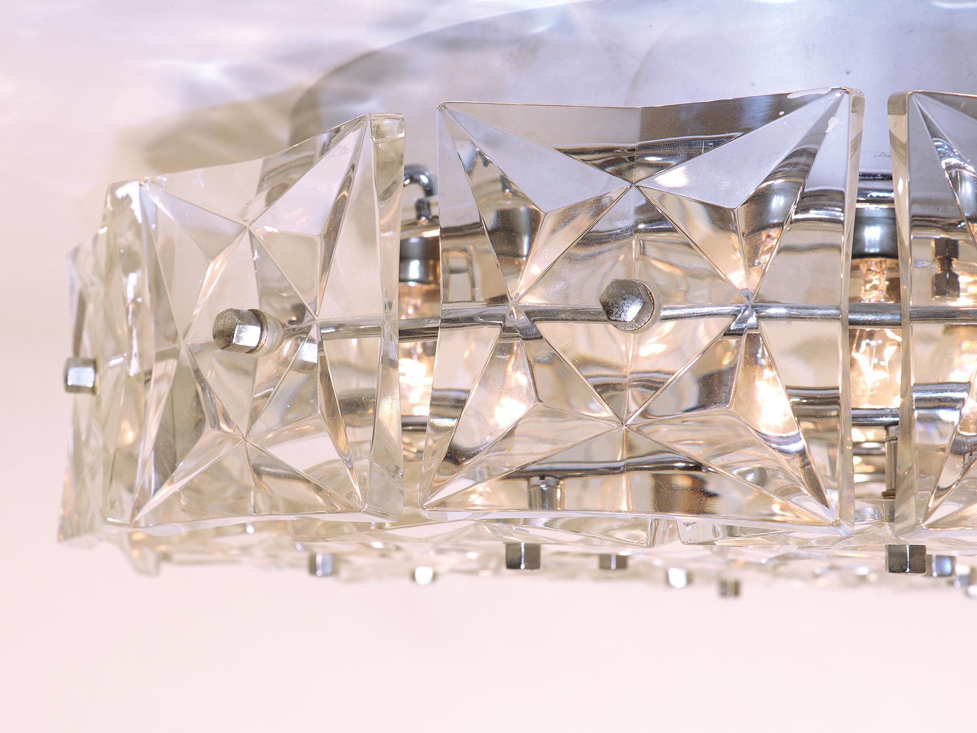 Mid-20th Century 1 'of 2' 1960 Germany Kinkeldey Large Flush Mount Chandelier Crystal & Chrome For Sale