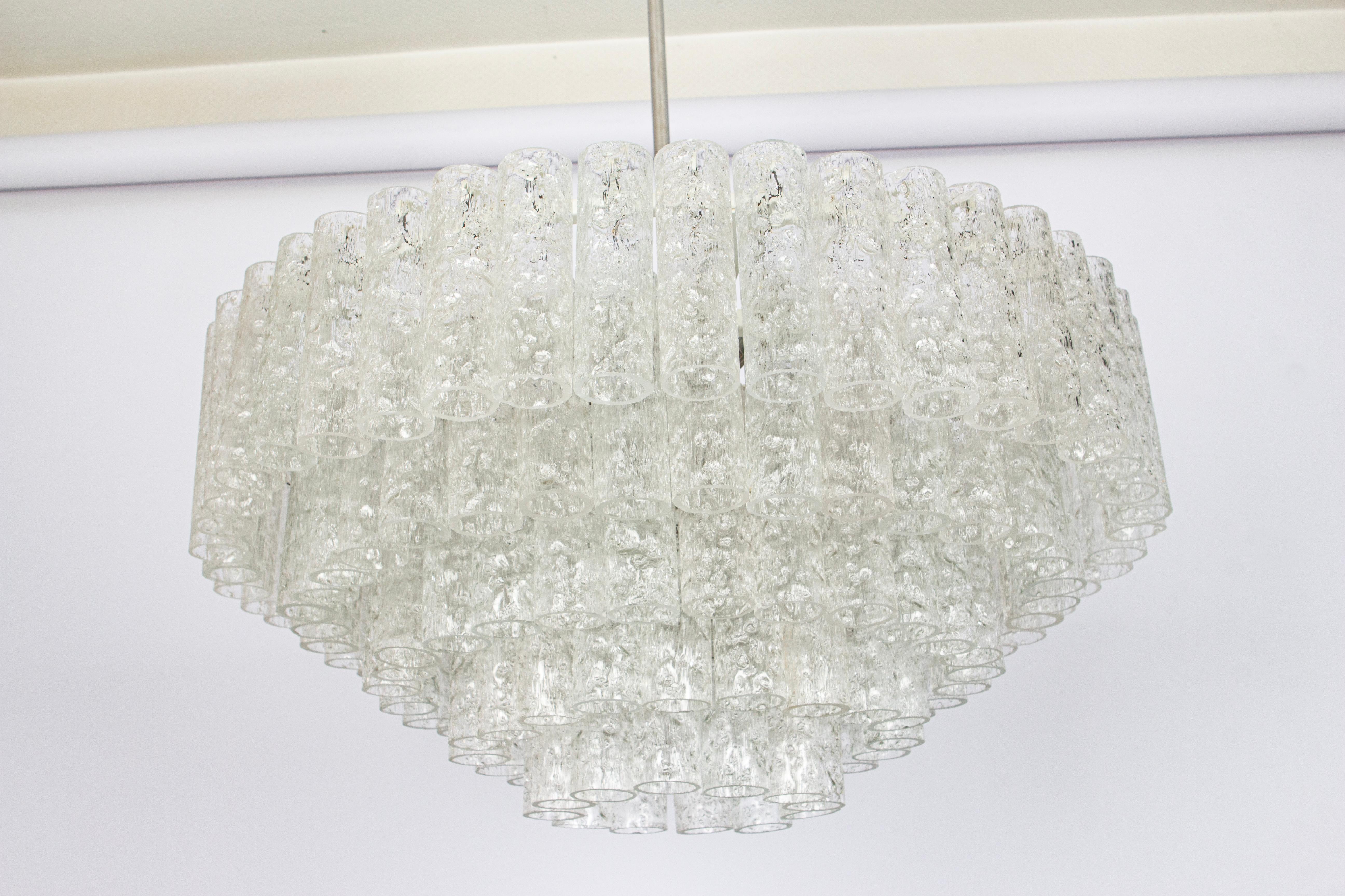 Mid-Century Modern 1 of 2 Large Doria Ice Glass Tubes Chandelier, Germany, 1960s For Sale