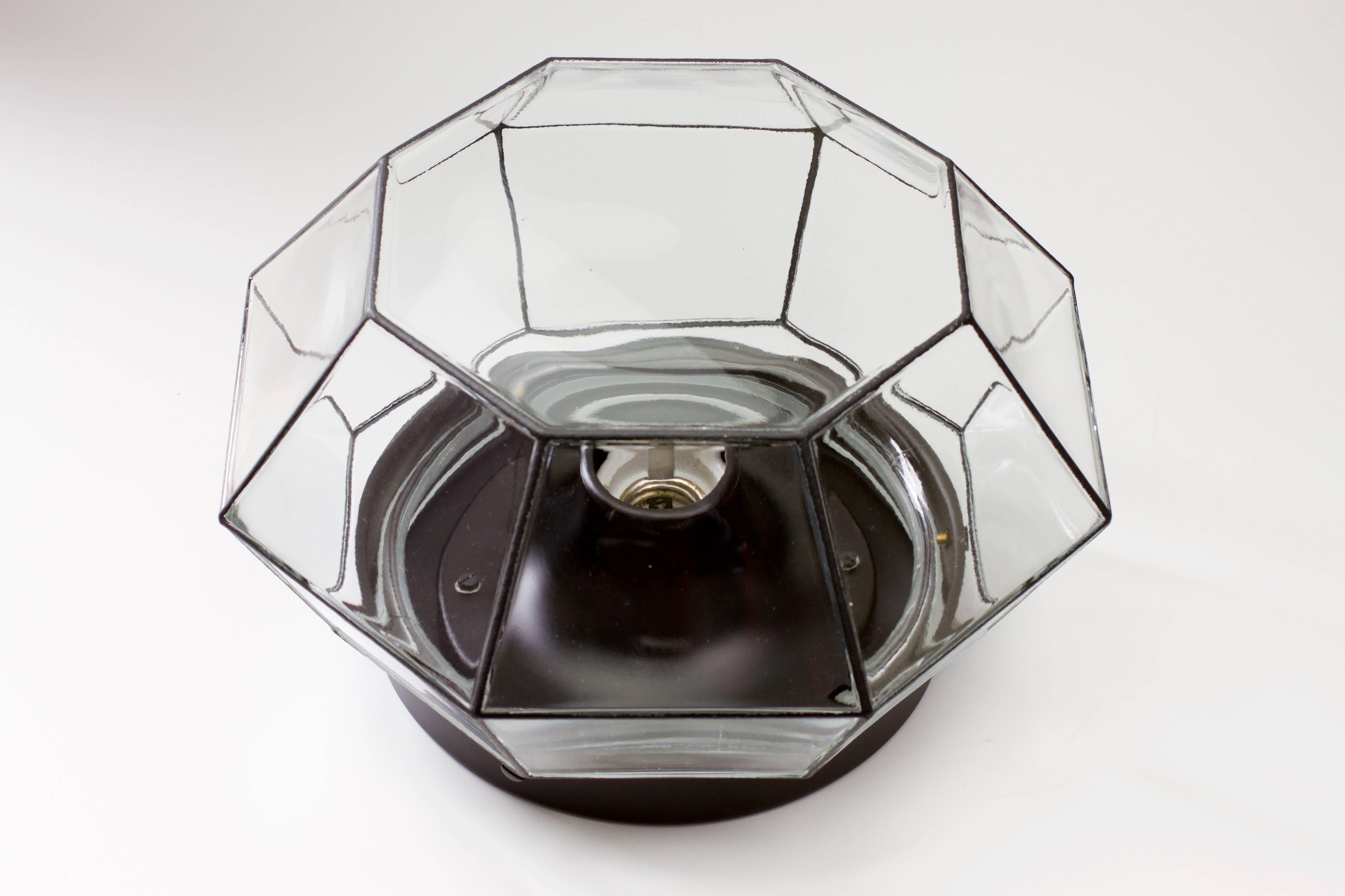 German 1 of 2 Large Geometric Black and Clear Glass Flushmount Lights by Limburg, 1970s For Sale