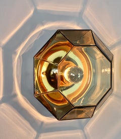 1 of 2 Large Geometric Smoked Glass & Brass Flush Mount Lights by Limburg, 1970s