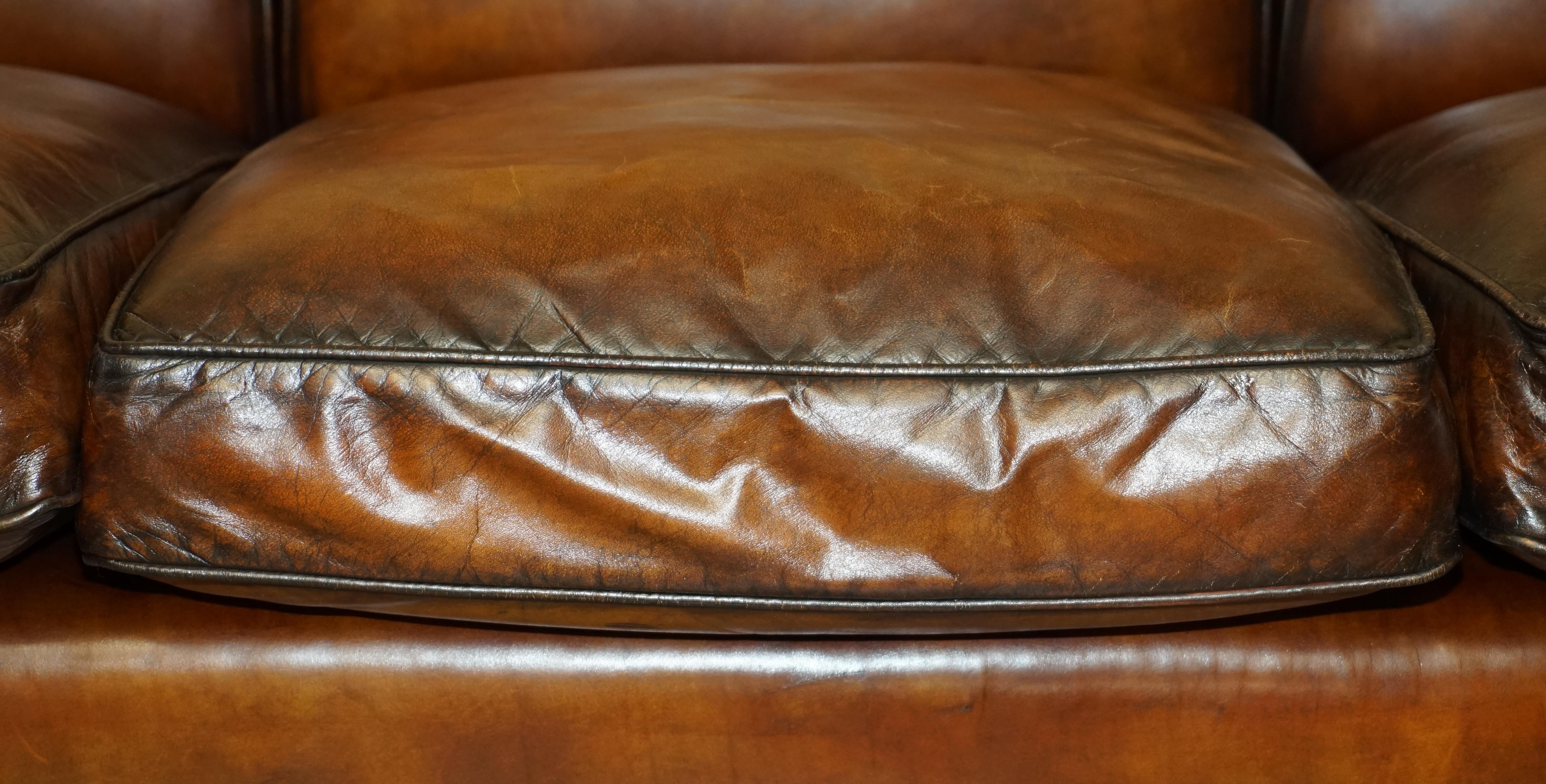 1 OF 2 LARGE GEORGE SMITH HOWARD & SON's BROWN LEATHER SIGNATURE SCROLL ARM SOFA For Sale 1