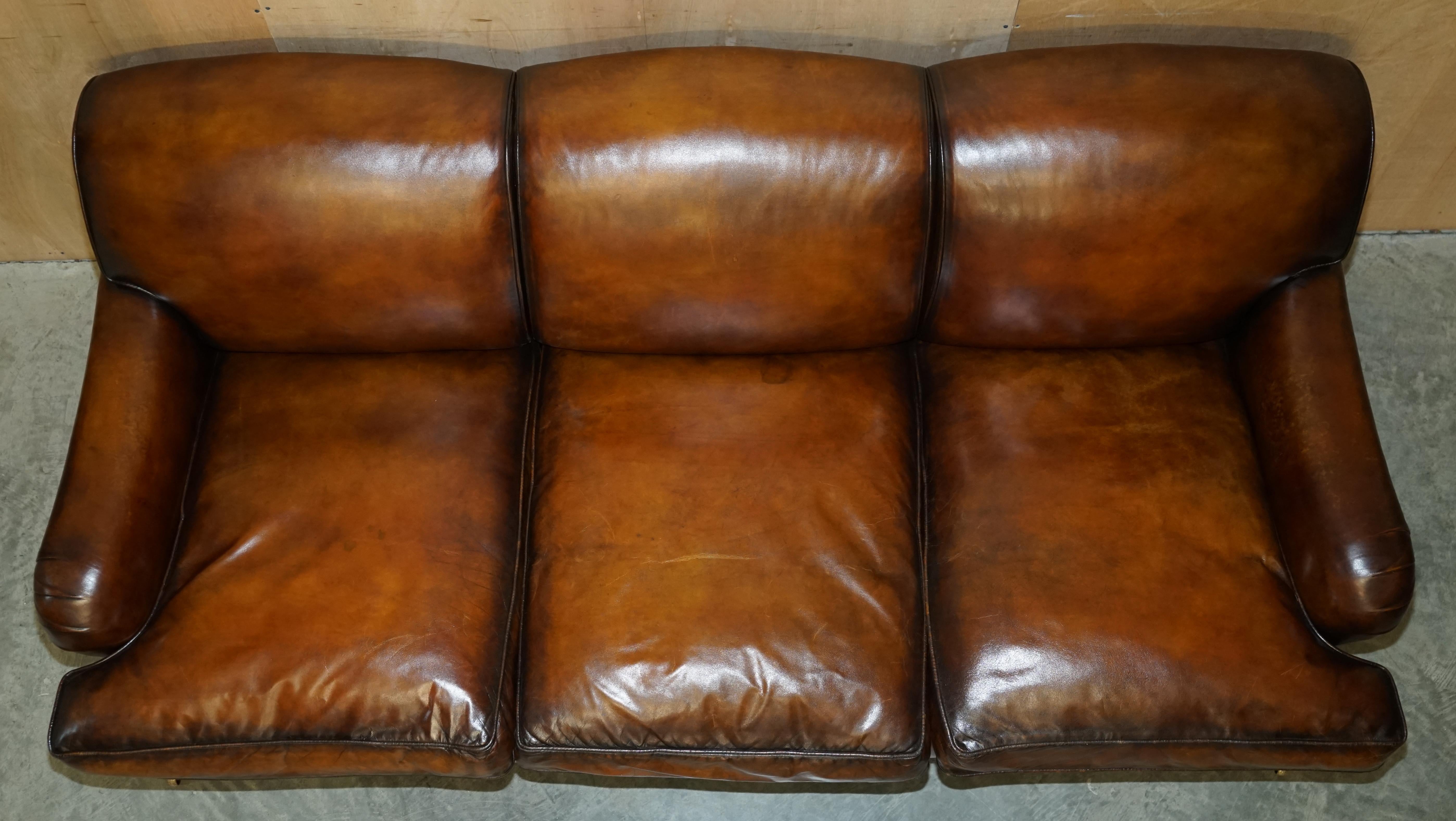 1 OF 2 LARGE GEORGE SMITH HOWARD & SON's BROWN LEATHER SIGNATURE SCROLL ARM SOFA For Sale 5