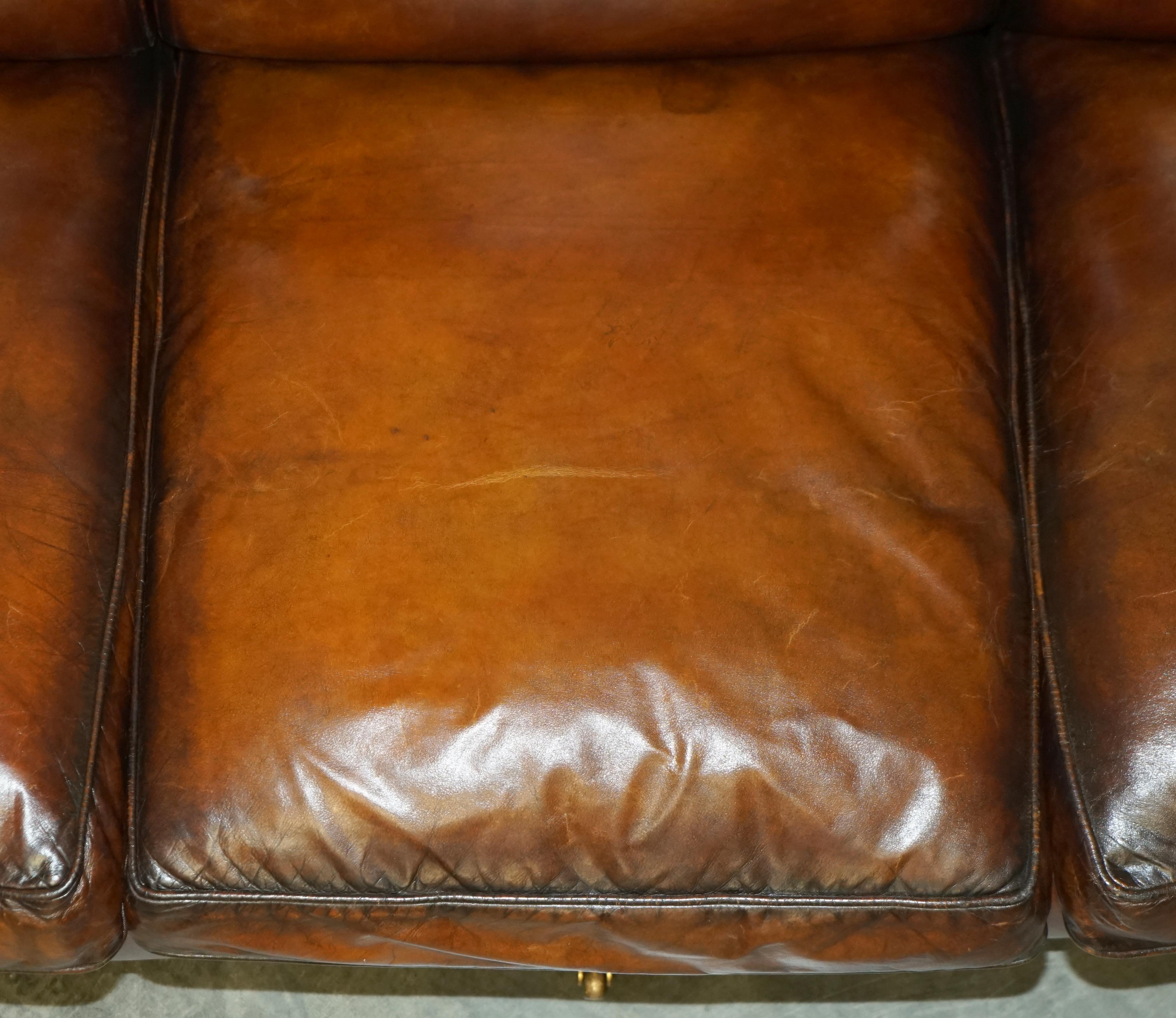 1 OF 2 LARGE GEORGE SMITH HOWARD & SON's BROWN LEATHER SIGNATURE SCROLL ARM SOFA For Sale 7