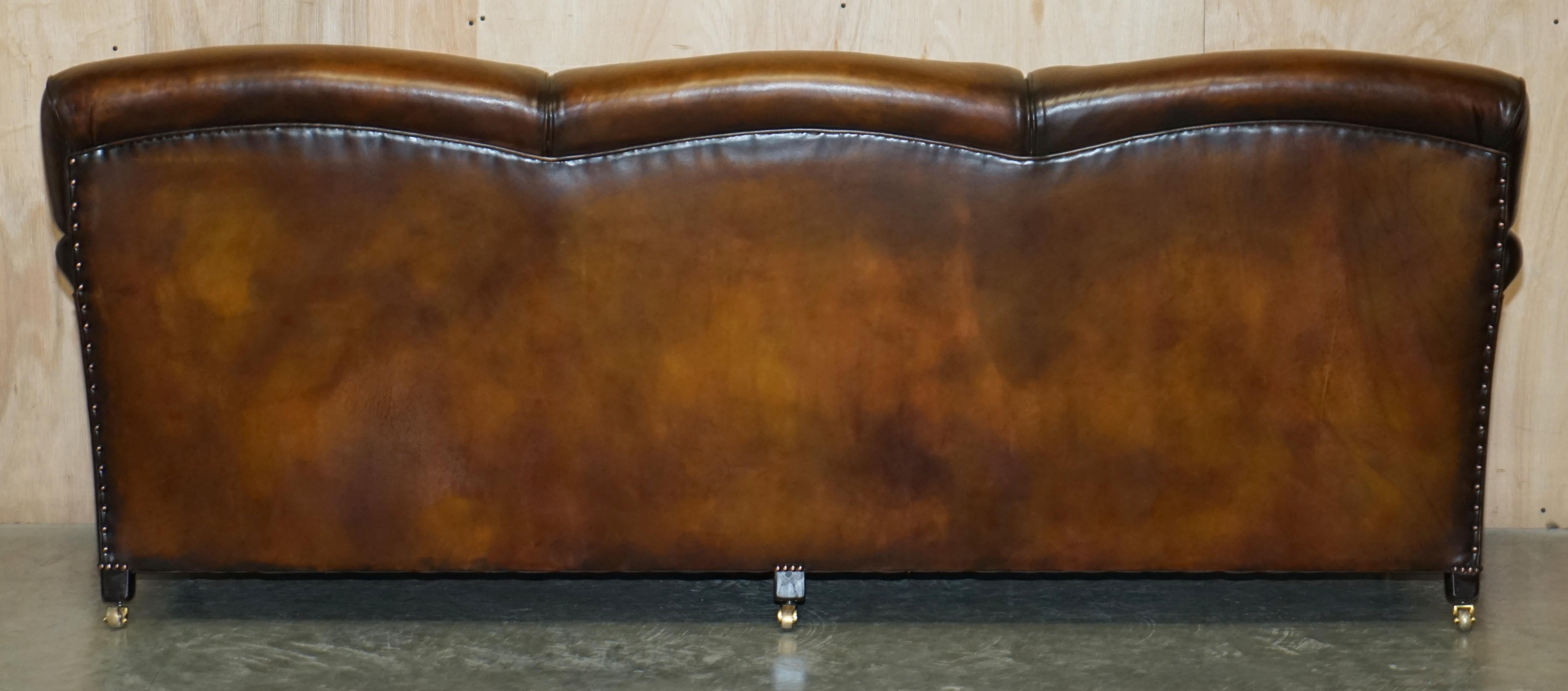 1 OF 2 LARGE GEORGE SMITH HOWARD & SON's BROWN LEATHER SIGNATURE SCROLL ARM SOFA For Sale 9