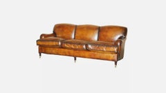 1 OF 2 LARGE GEORGE SMITH HOWARD & SON's BROWN LEATHER SIGNATURE SCROLL ARM SOFA