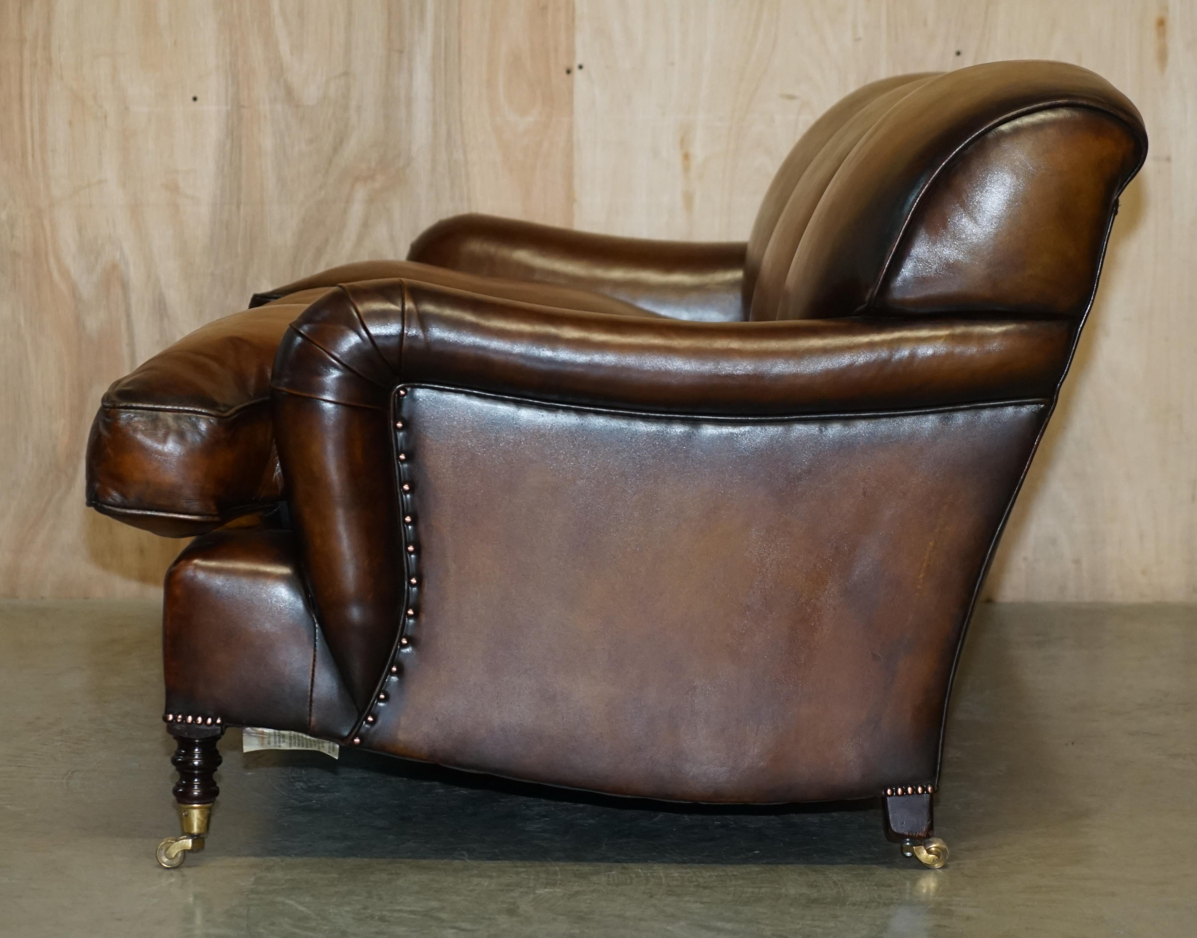 1 OF 2 LARGE GEORGE SMITH HOWARD & SON's BROWN LEATHER SIGNATURE SCROLL ARM SOFA For Sale 10