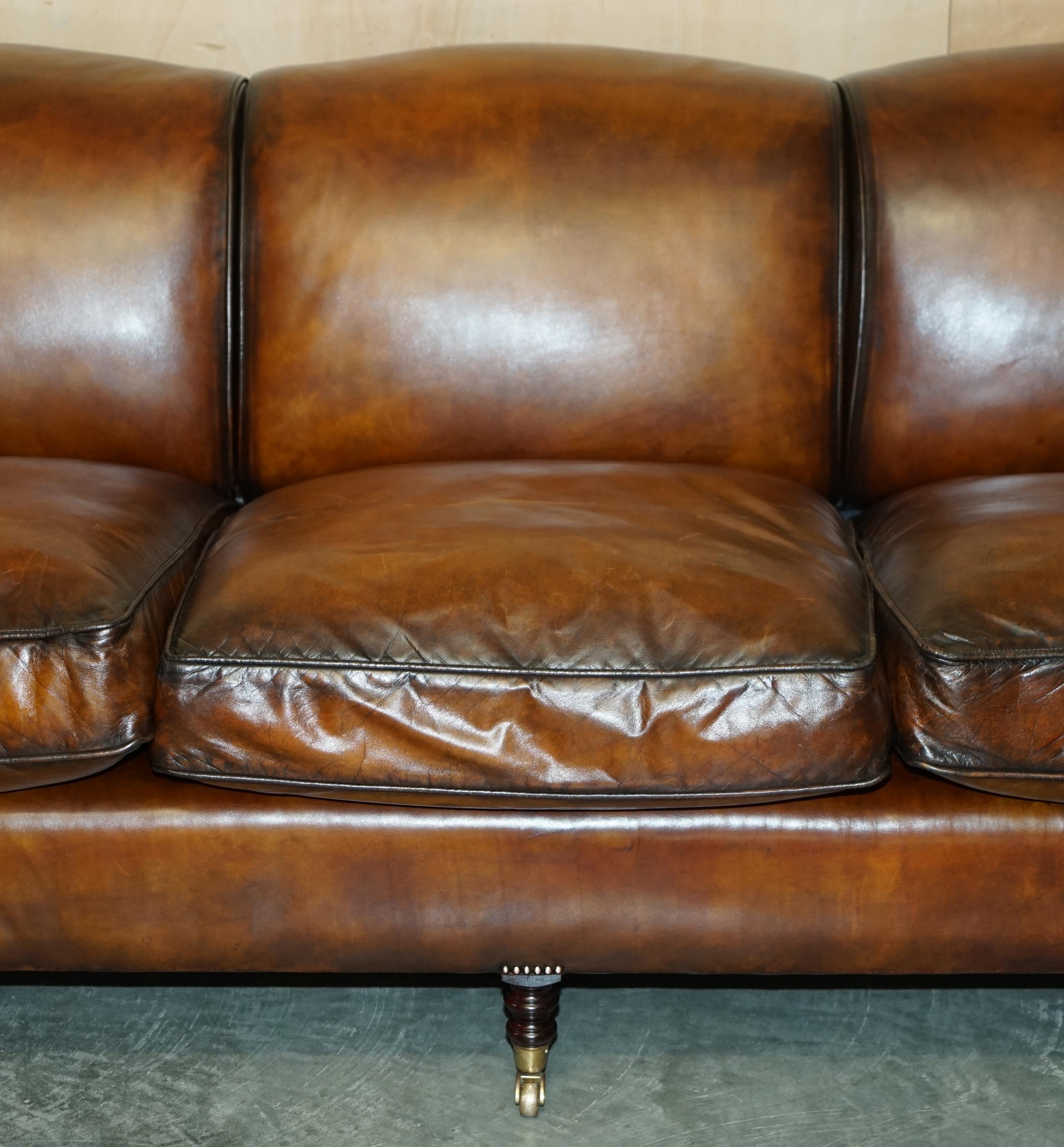 Hand-Crafted 1 OF 2 LARGE GEORGE SMITH HOWARD & SON's BROWN LEATHER SIGNATURE SCROLL ARM SOFA For Sale