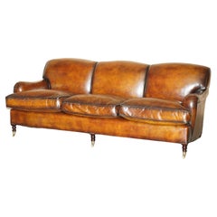 Vintage 1 OF 2 LARGE GEORGE SMITH HOWARD & SON's BROWN LEATHER SIGNATURE SCROLL ARM SOFA