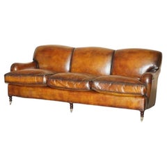 1 OF 2 LARGE GEORGE SMITH HOWARD & SON's BROWN LEATHER SIGNATURE SCROLL ARM SOFA