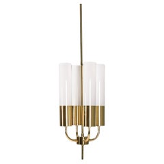 Vintage 1 of 2 Large Glashütte Limburg Brass & Opaline Chandelier, 1970s