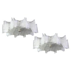 1 of 2 Large Ice Glass Chrome Flushmount Fixture by Kaiser, Germany, 1960s