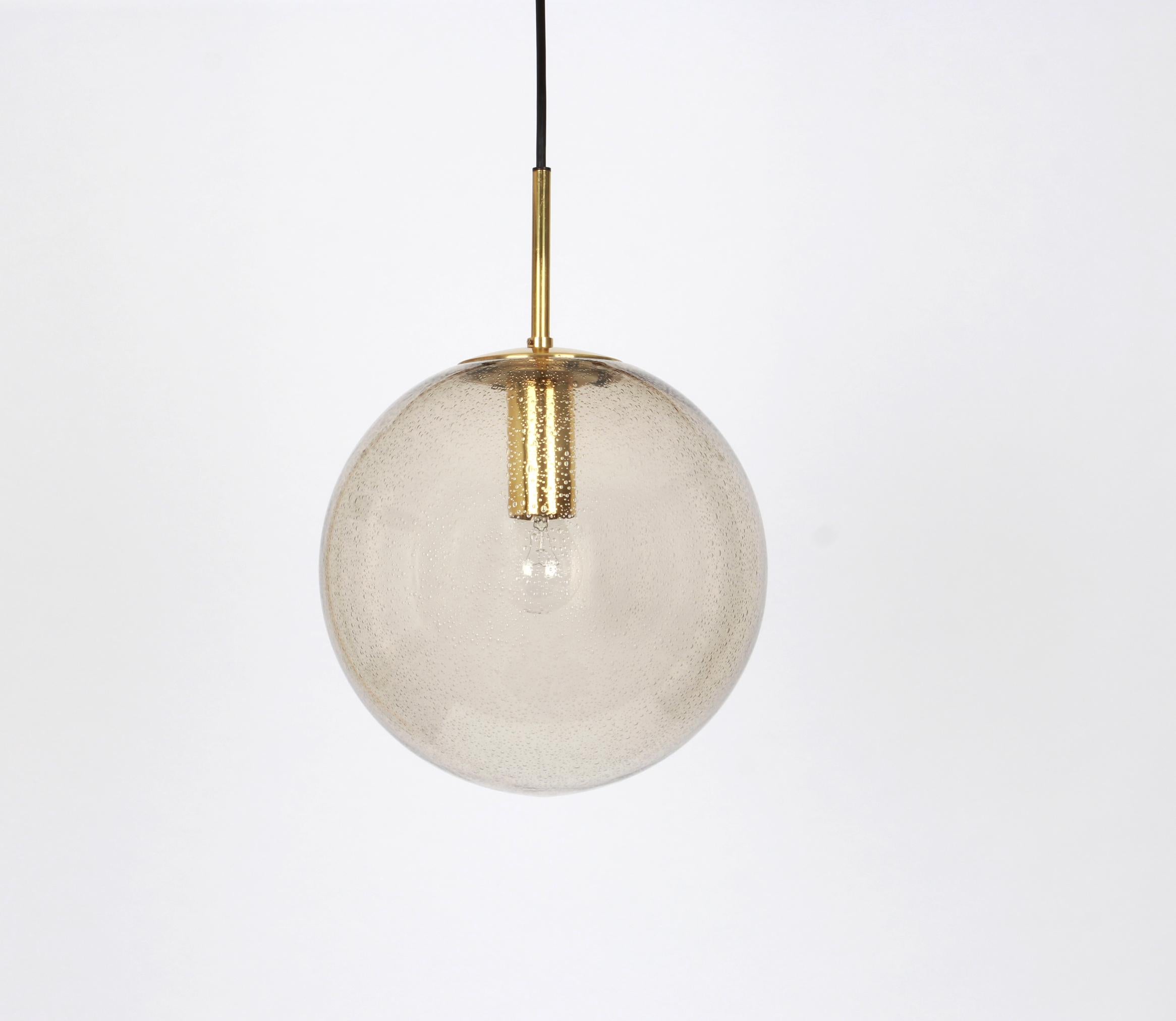 Late 20th Century 1 of 2 Large Limburg Brass with Smoked Glass Ball Pendant, Germany, 1970s For Sale