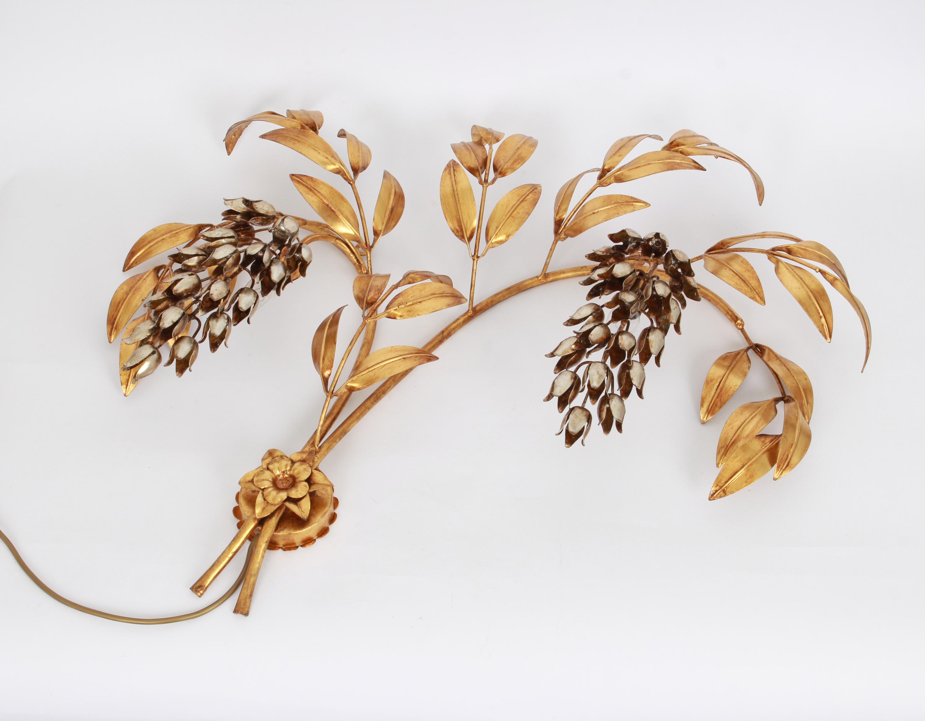 1 of 2 large monumental Hans Kögl Pioggia D'oro wall sconce
Large gold-plated leaved branches with hanging silver wisteria flowers
By The Designer Hans Kogl
Each sconce takes 2 single E14 bulbs, hidden behind each of the silver flowers,
circa