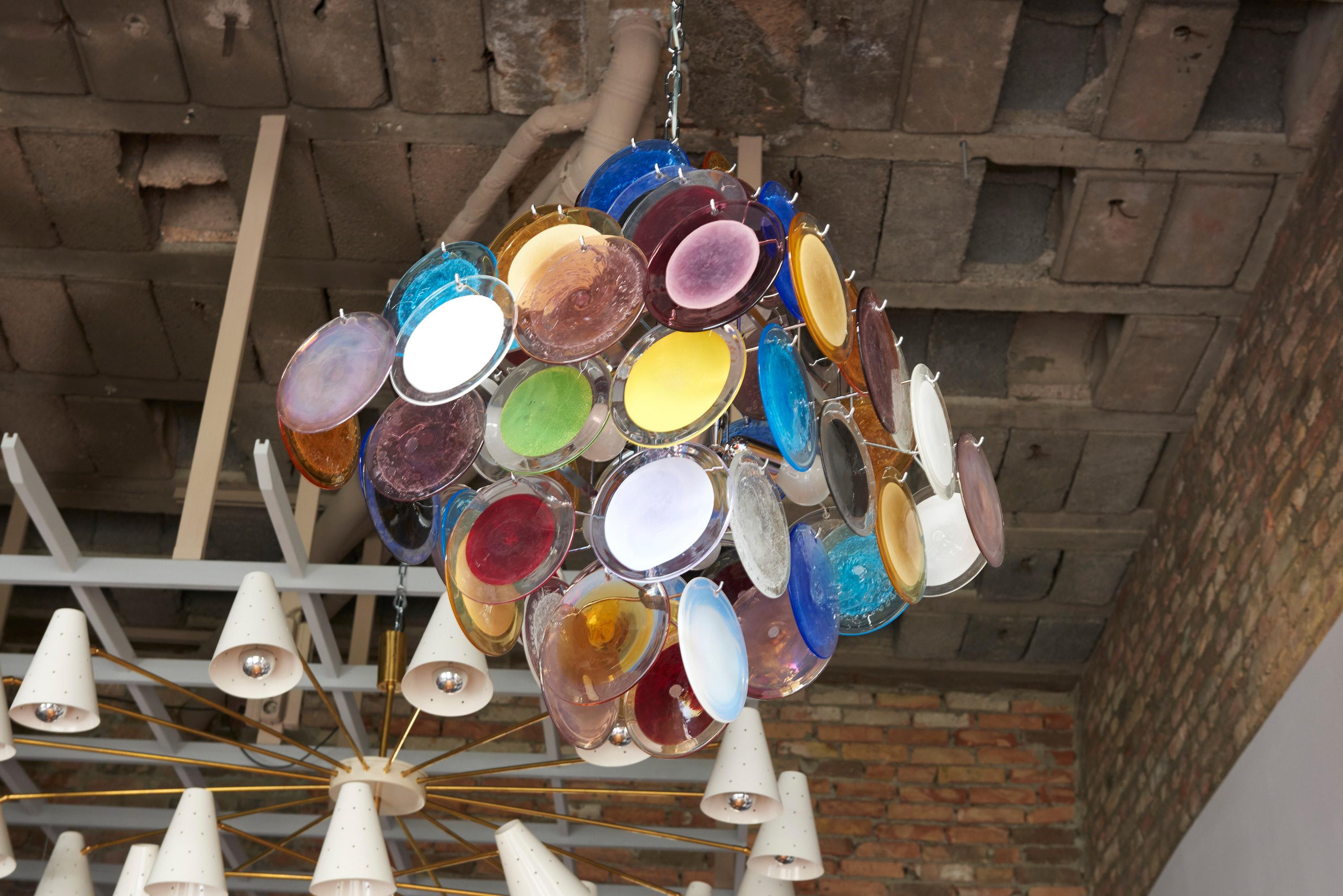 Italian Large Multi-Color Murano Glass Disk Chandelier in the Style of Vistosi For Sale