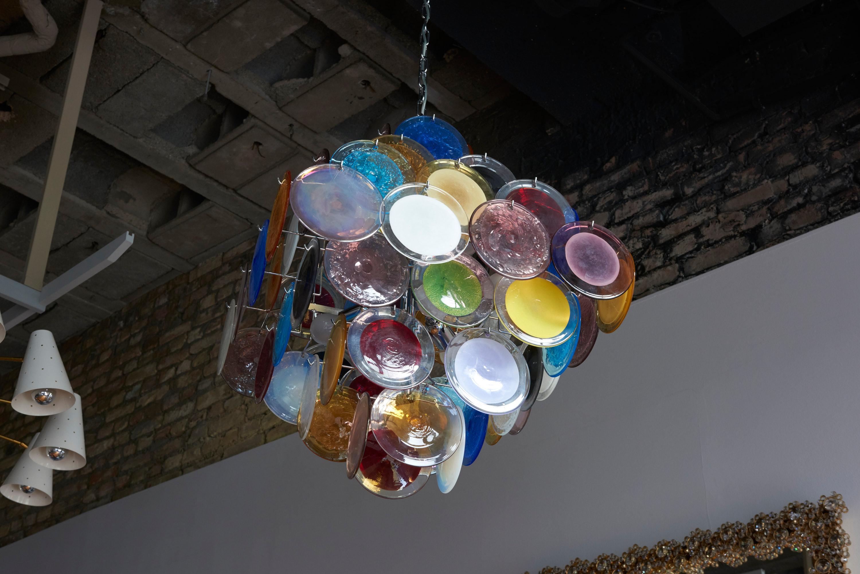Metal Large Multi-Color Murano Glass Disk Chandelier in the Style of Vistosi For Sale