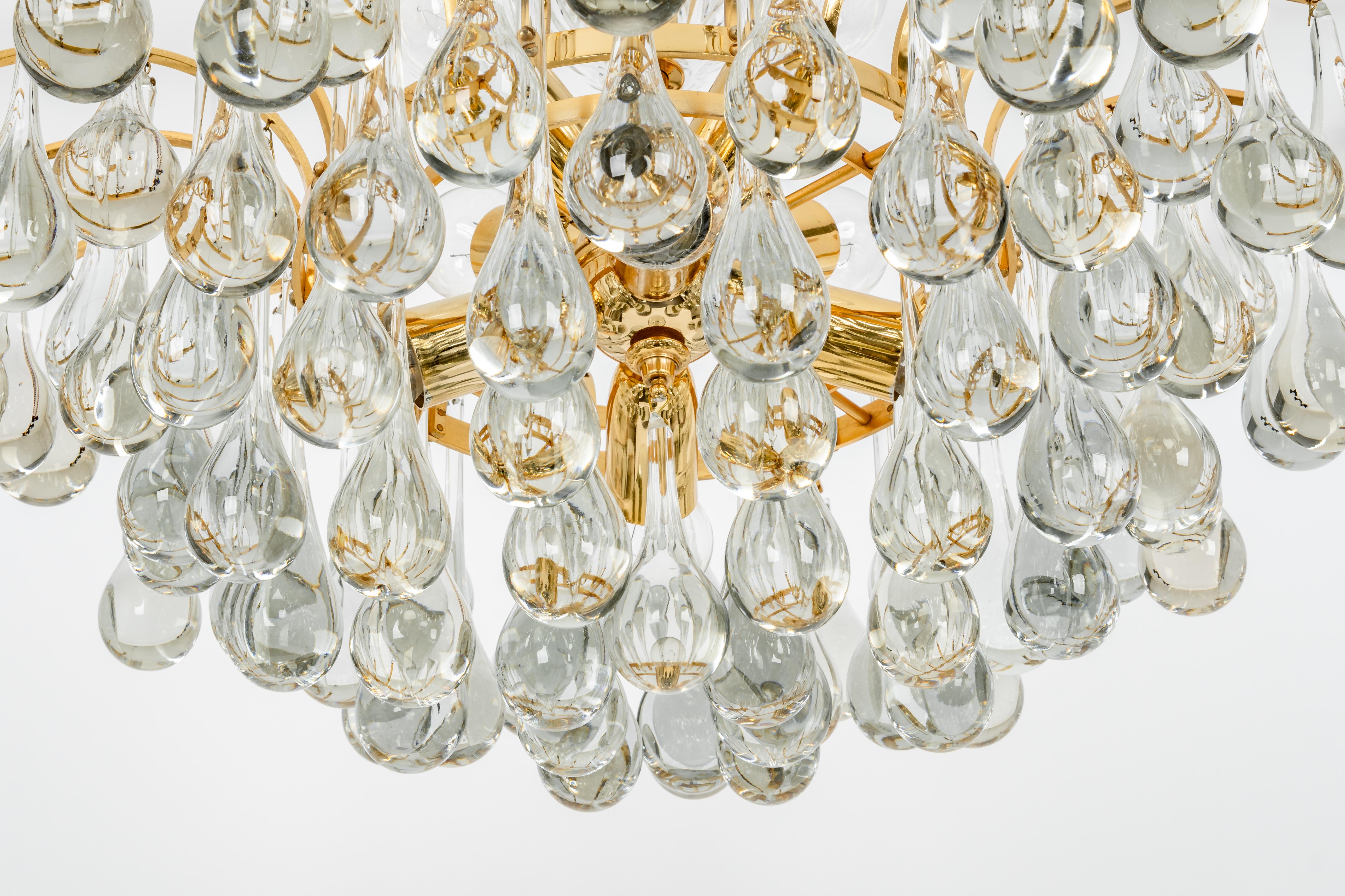Brass 1 of 2 Large Murano Glass Tear Drop Chandelier, Christoph Palme, Germany, 1970s For Sale