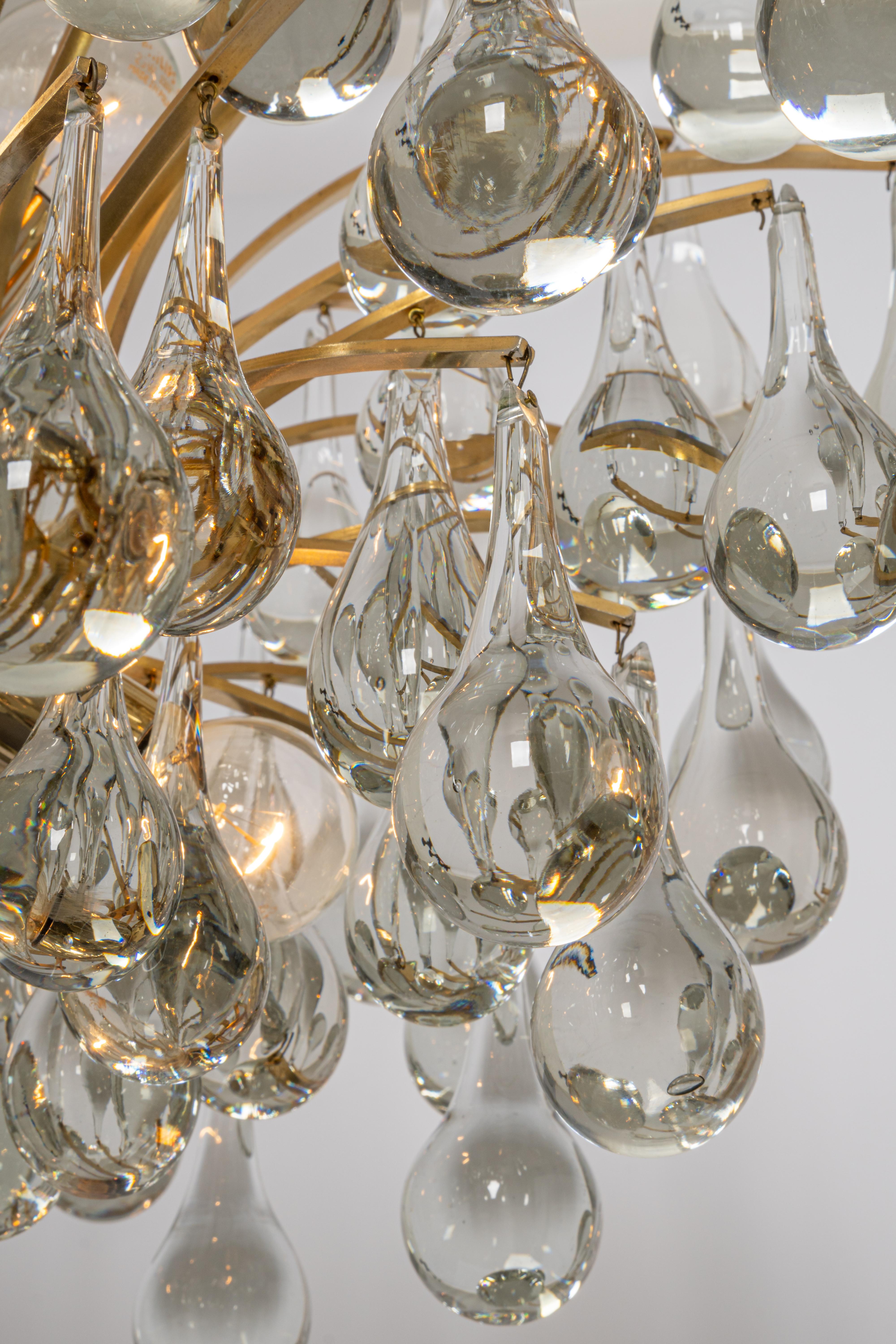 Brass 1 of 2 Large Murano Glass Tear Drop Chandelier, Christoph Palme, Germany, 1970s For Sale