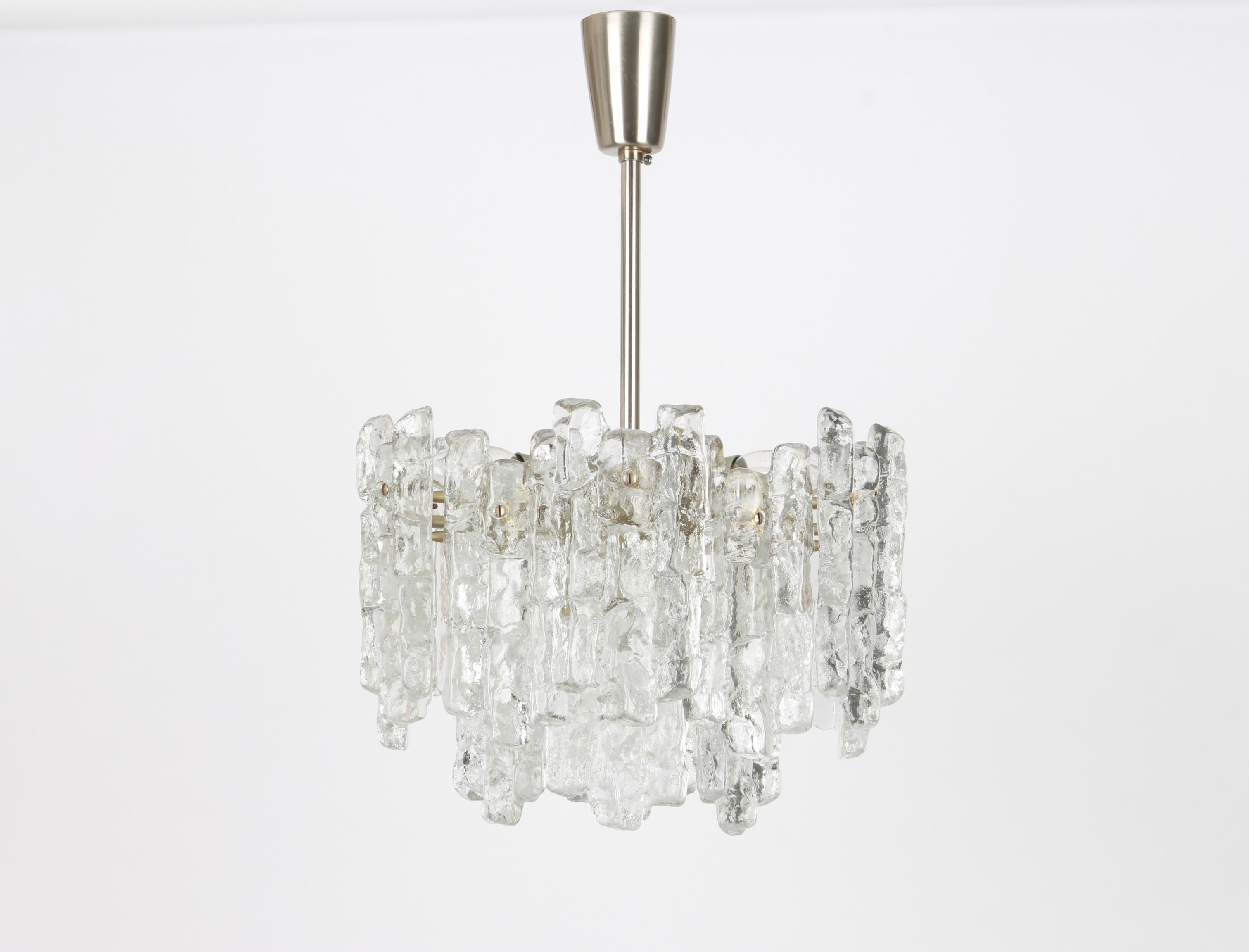 Mid-Century Modern 1 of 2 Large Murano Ice Glass Chandelier by Kalmar, Austria, 1960s For Sale
