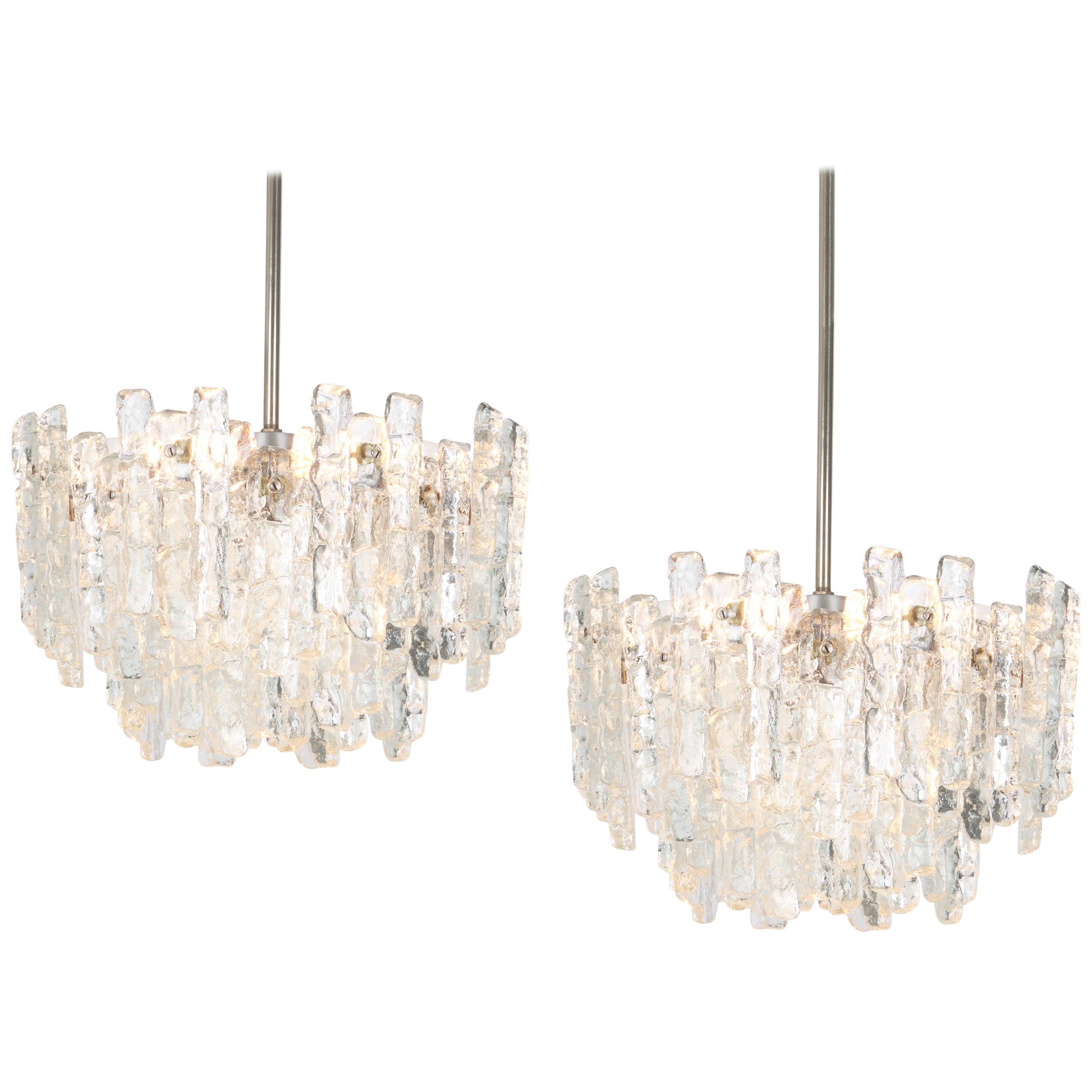 1 of 2 Large Murano Ice Glass Chandelier by Kalmar, Austria, 1960s For Sale