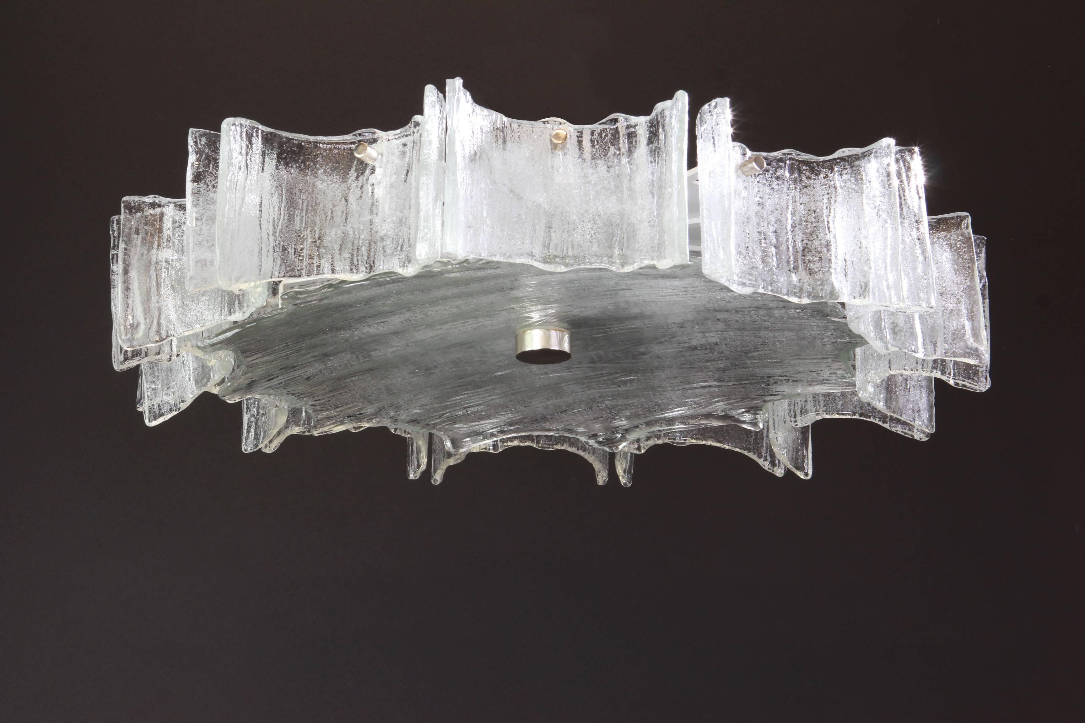 Mid-Century Modern 1 of 3 Large Murano Ice Glass Chrome Flush Mount by Kaiser, Germany, 1960s
