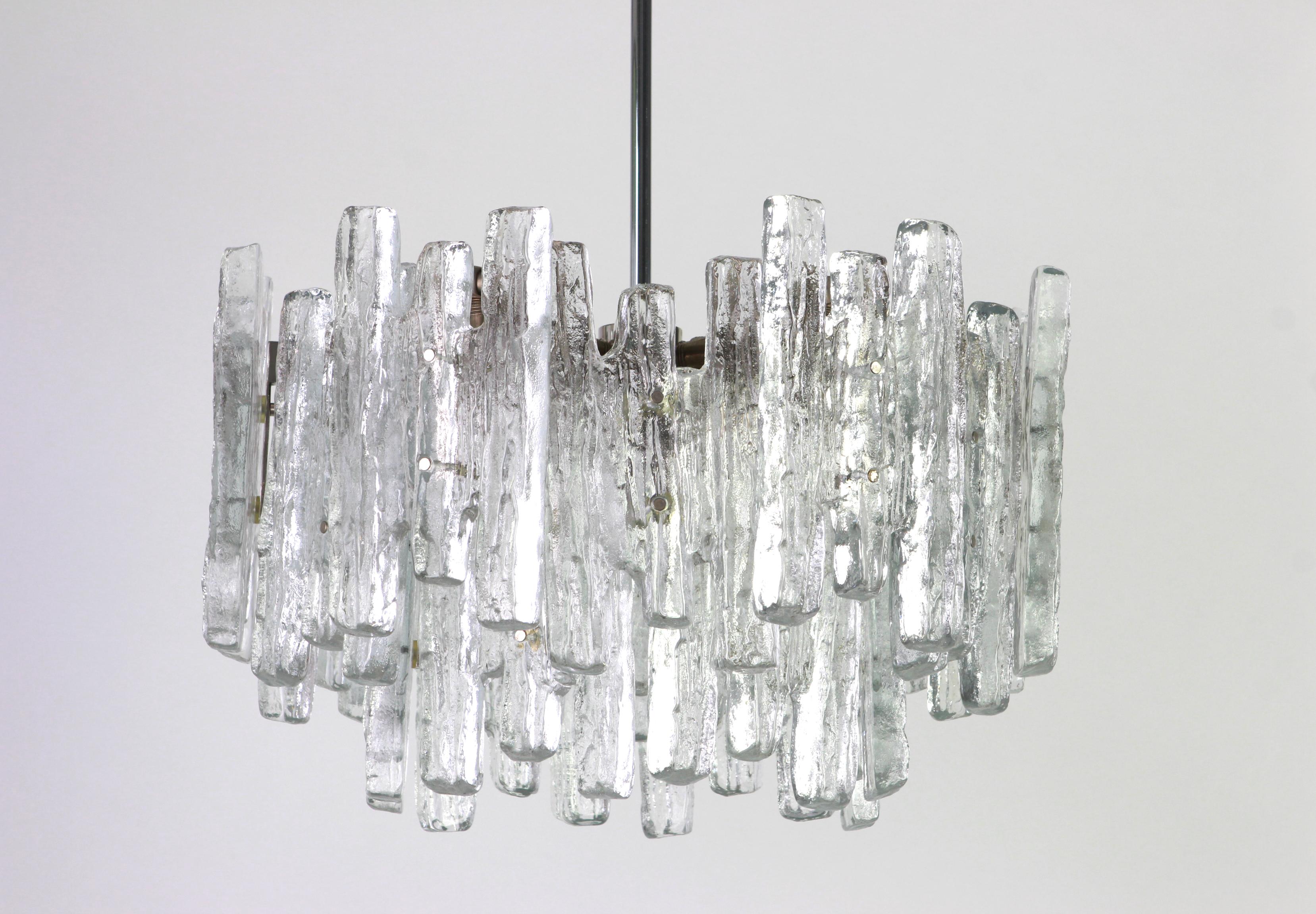 Mid-Century Modern 1 of 2 Large Rare Murano Ice Glass Chandelier by Kalmar, Austria, 1960s For Sale