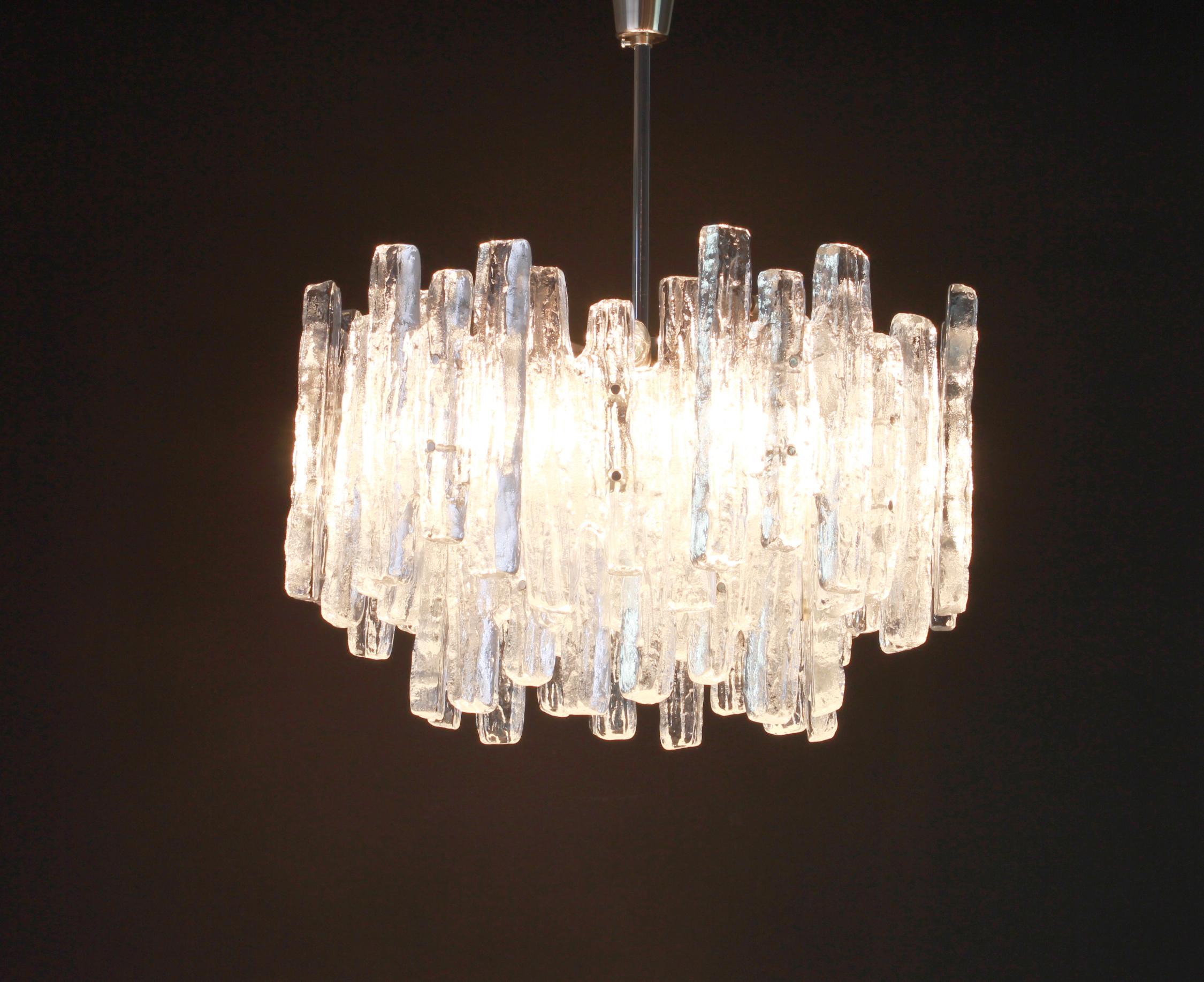 Mid-20th Century 1 of 2 Large Rare Murano Ice Glass Chandelier by Kalmar, Austria, 1960s For Sale