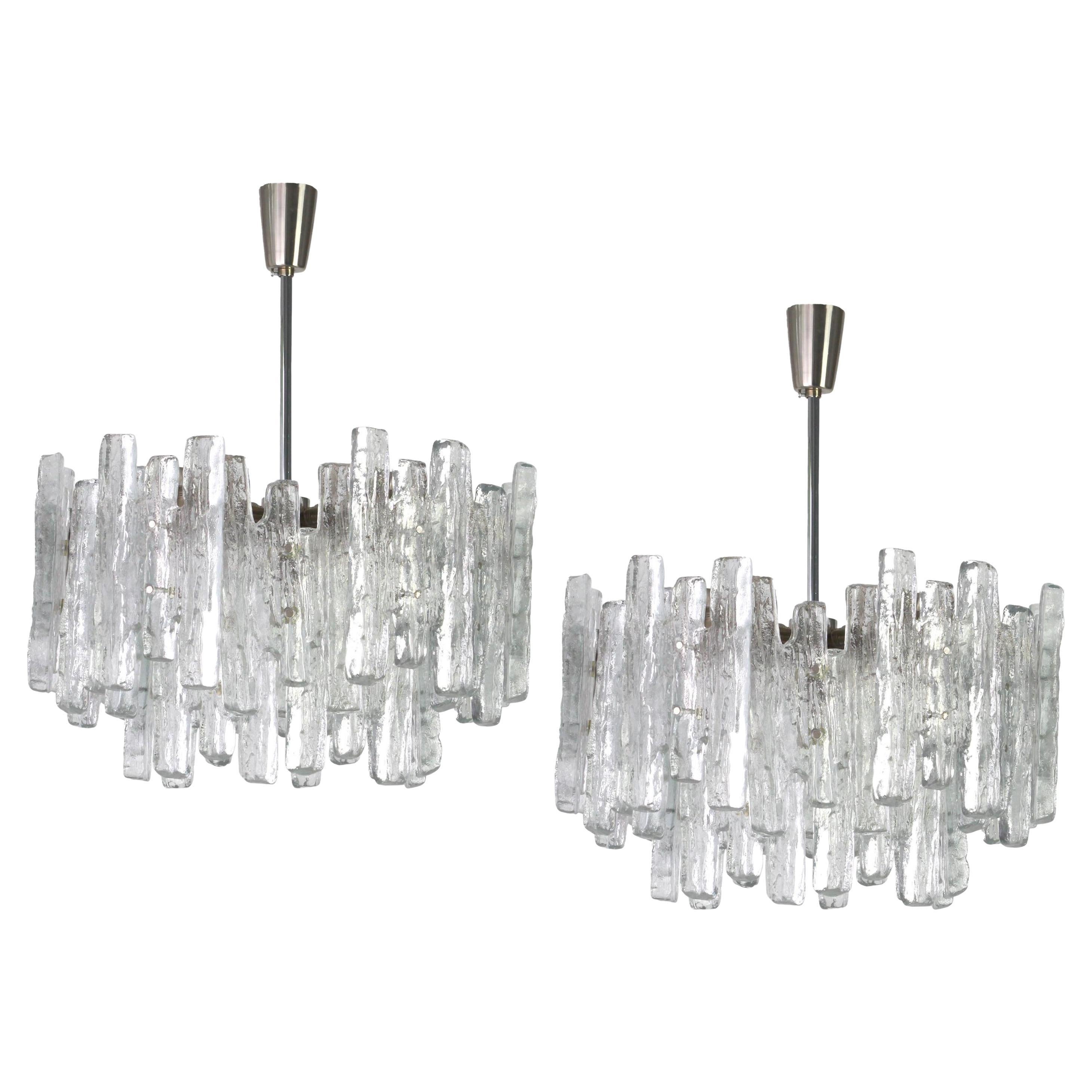 1 of 2 Large Rare Murano Ice Glass Chandelier by Kalmar, Austria, 1960s For Sale