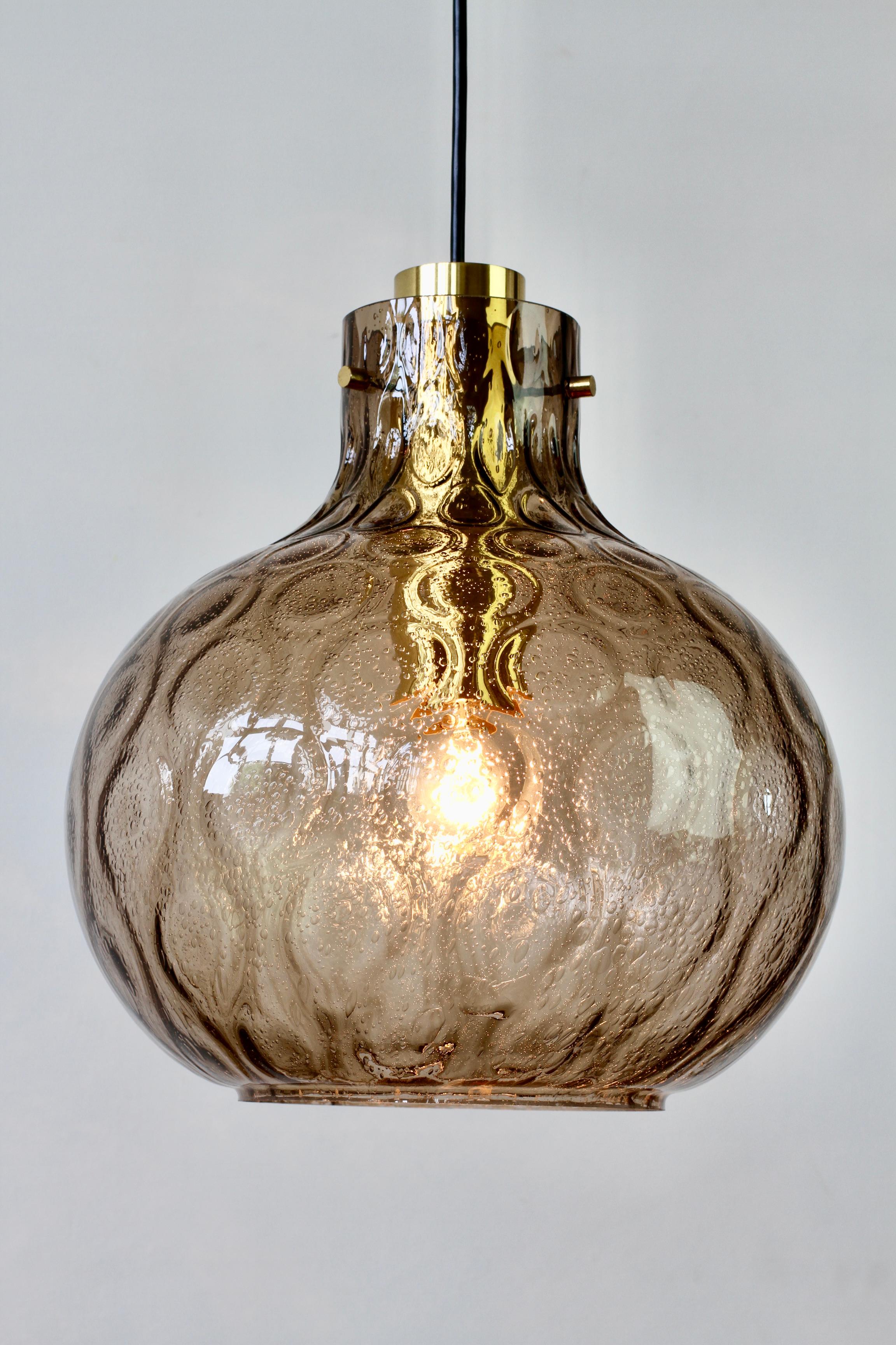 1 of 2 Large Vintage 1970s Bell Shaped Smoked Glass & Brass Globe Pendant Lights For Sale 3
