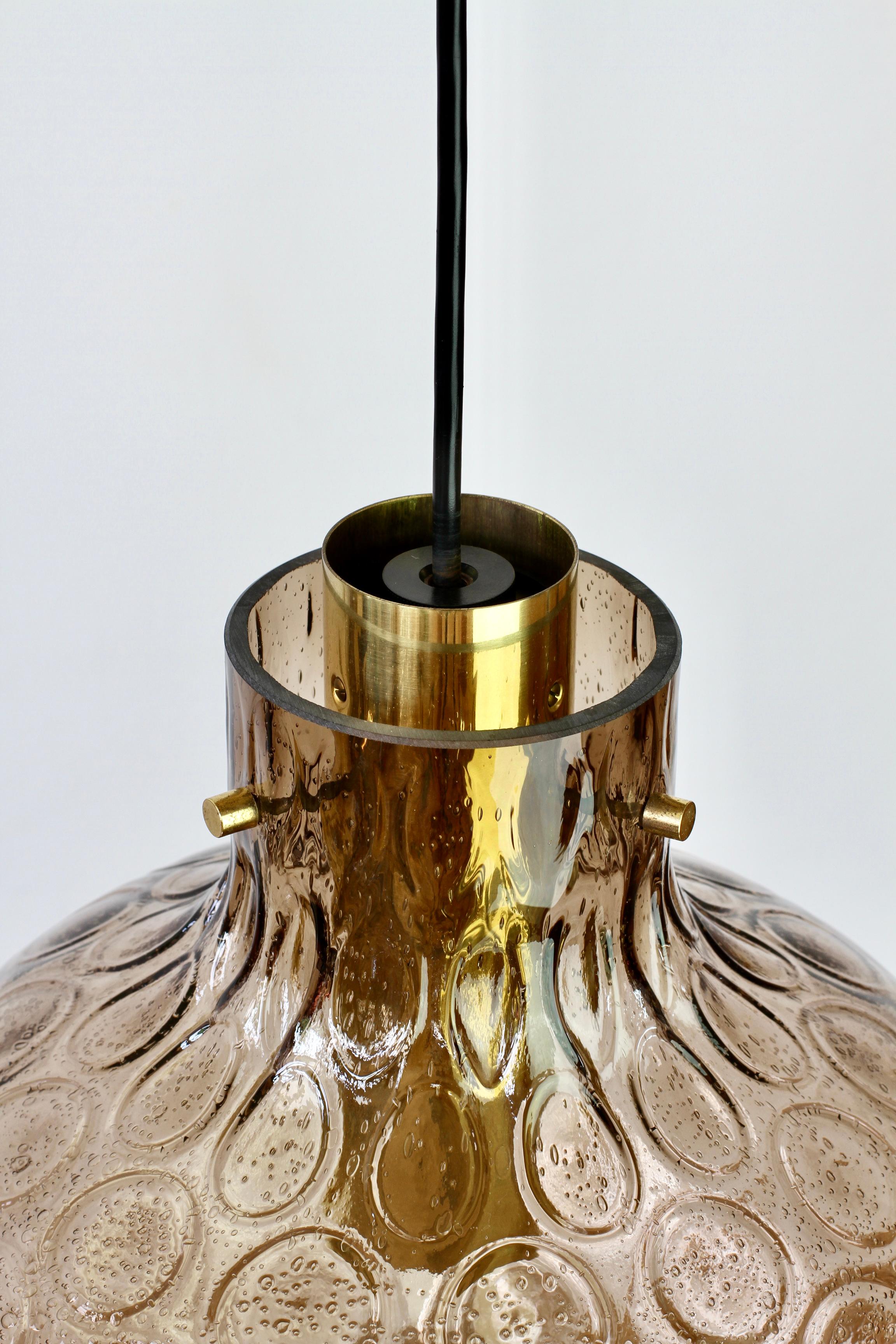 1 of 2 Large Vintage 1970s Bell Shaped Smoked Glass & Brass Globe Pendant Lights For Sale 4