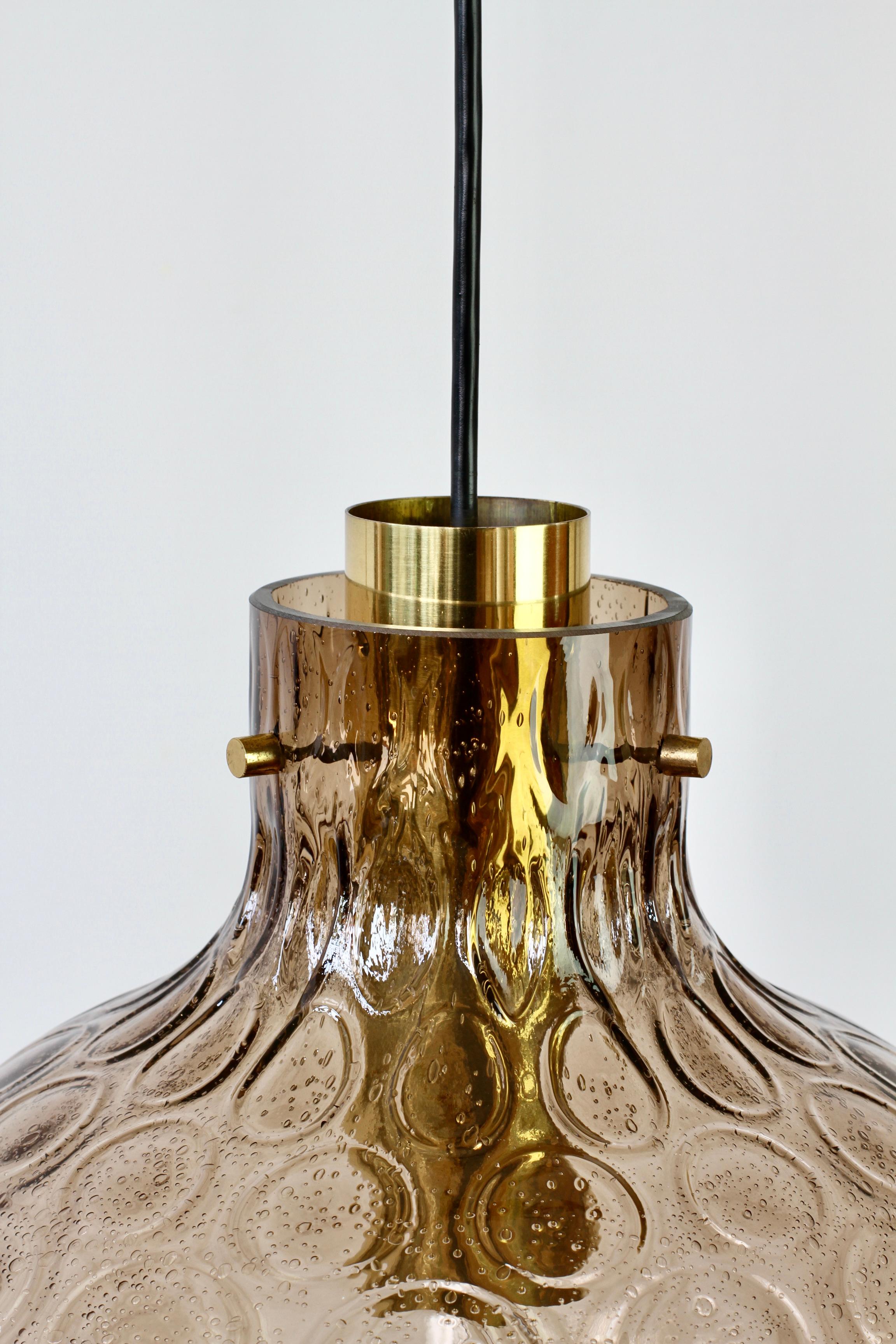 1 of 2 Large Vintage 1970s Bell Shaped Smoked Glass & Brass Globe Pendant Lights For Sale 5