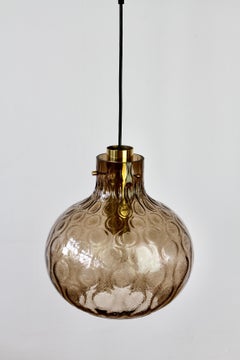1 of 2 Large Vintage 1970s Bell Shaped Smoked Glass & Brass Globe Pendant Lights