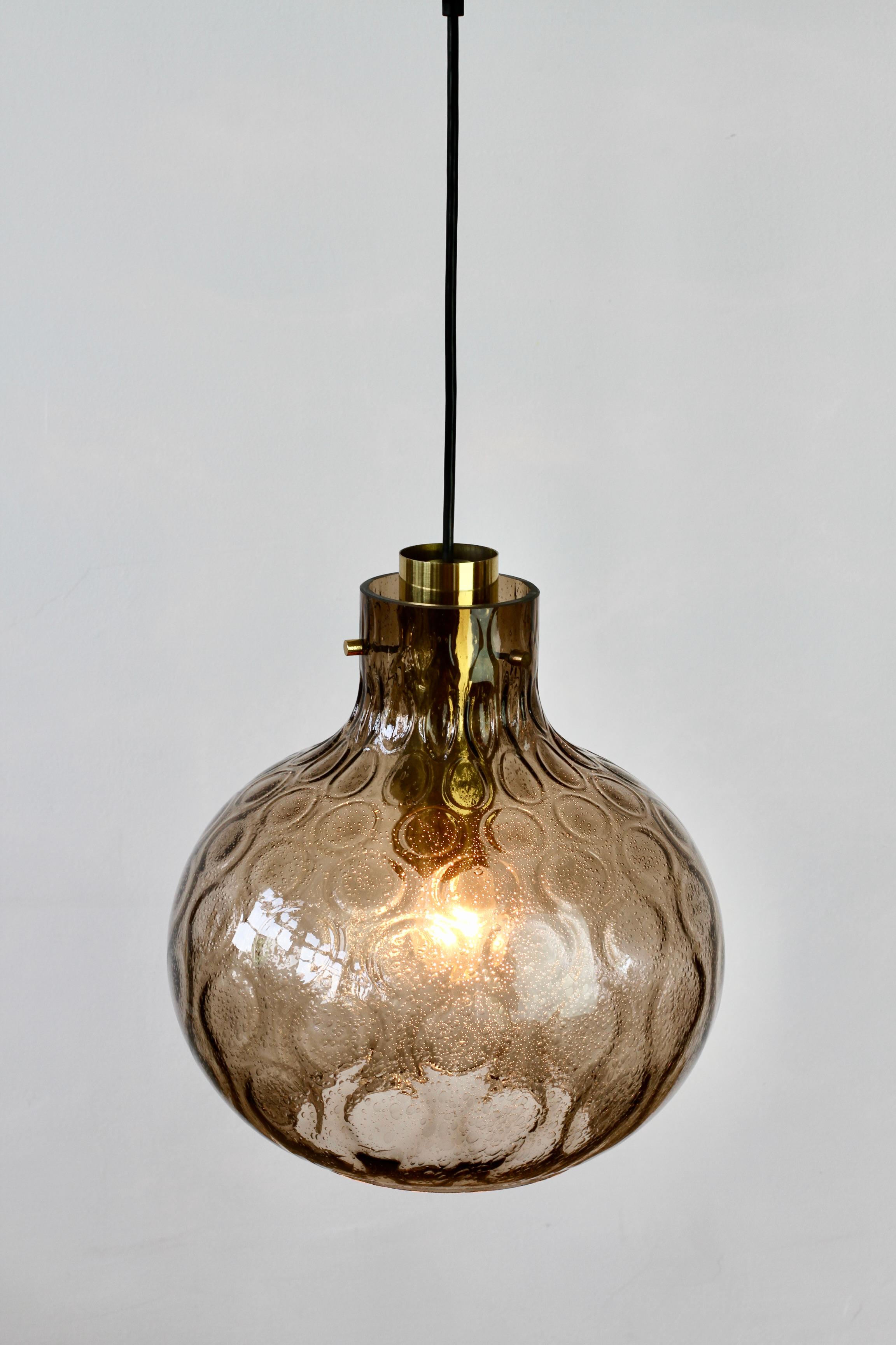 Mid-Century Modern 1 of 2 Large Vintage 1970s Bell Shaped Smoked Glass & Brass Globe Pendant Lights For Sale