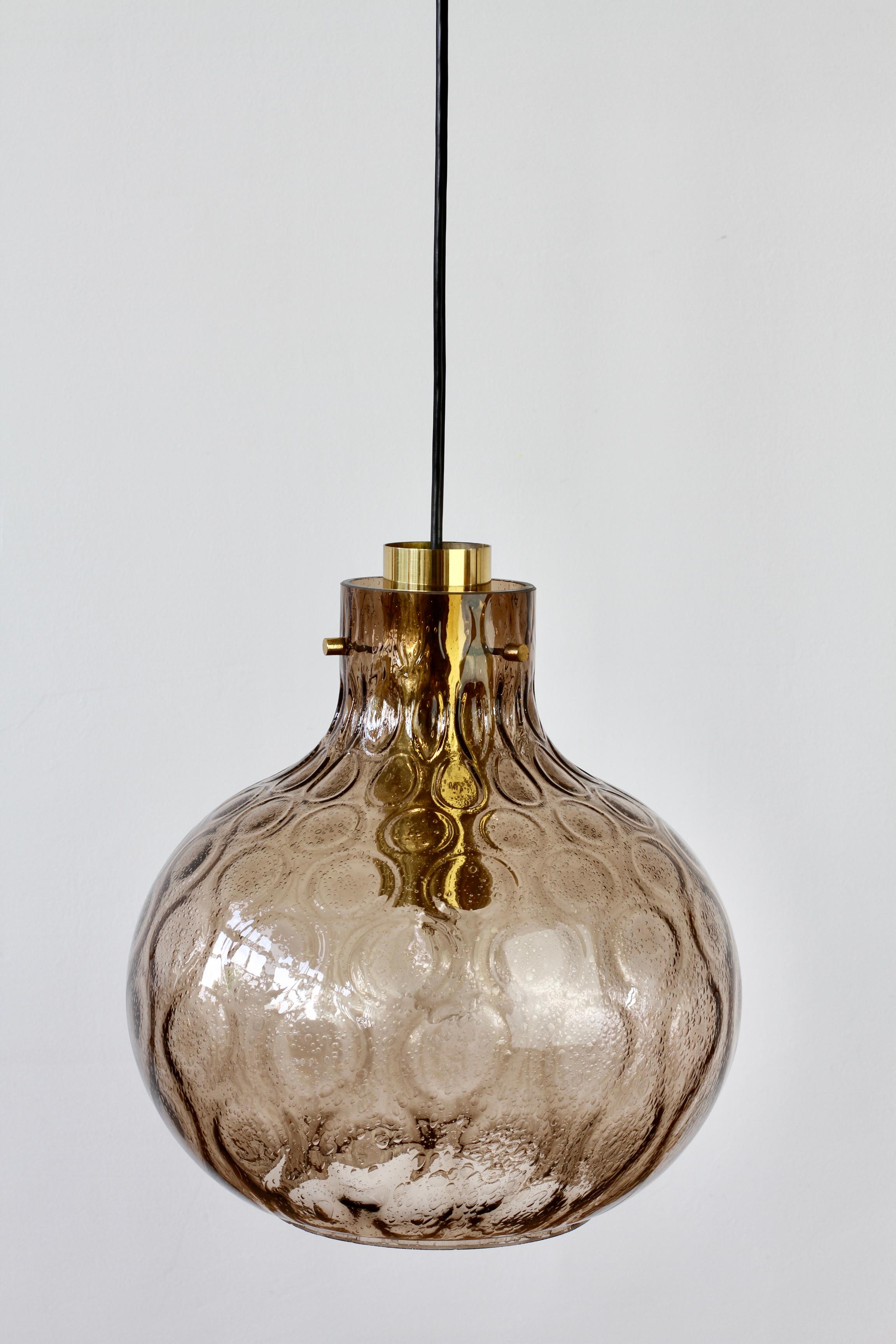 Molded 1 of 2 Large Vintage 1970s Bell Shaped Smoked Glass & Brass Globe Pendant Lights For Sale