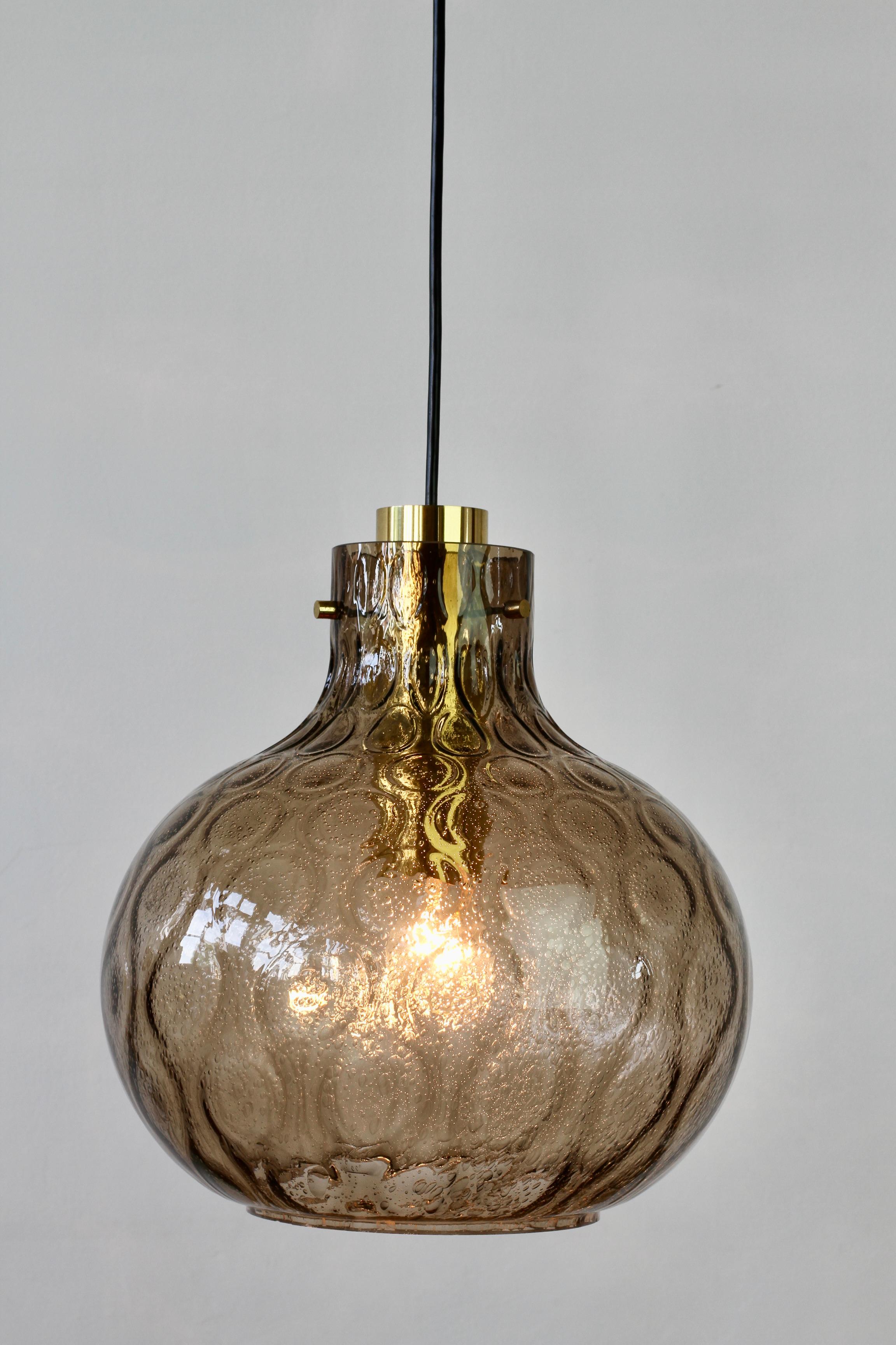 20th Century 1 of 2 Large Vintage 1970s Bell Shaped Smoked Glass & Brass Globe Pendant Lights For Sale