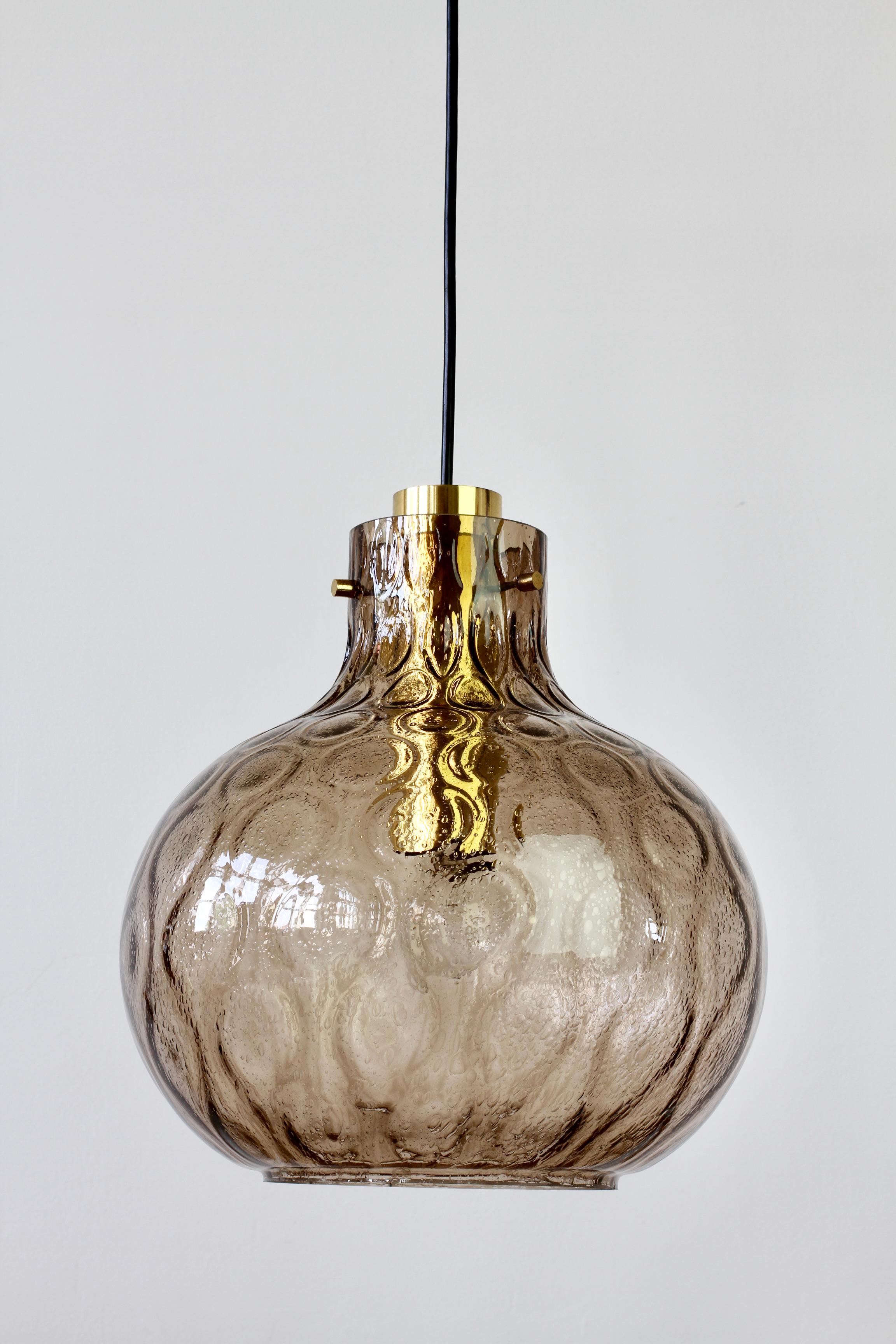 1 of 2 Large Vintage 1970s Bell Shaped Smoked Glass & Brass Globe Pendant Lights For Sale 1