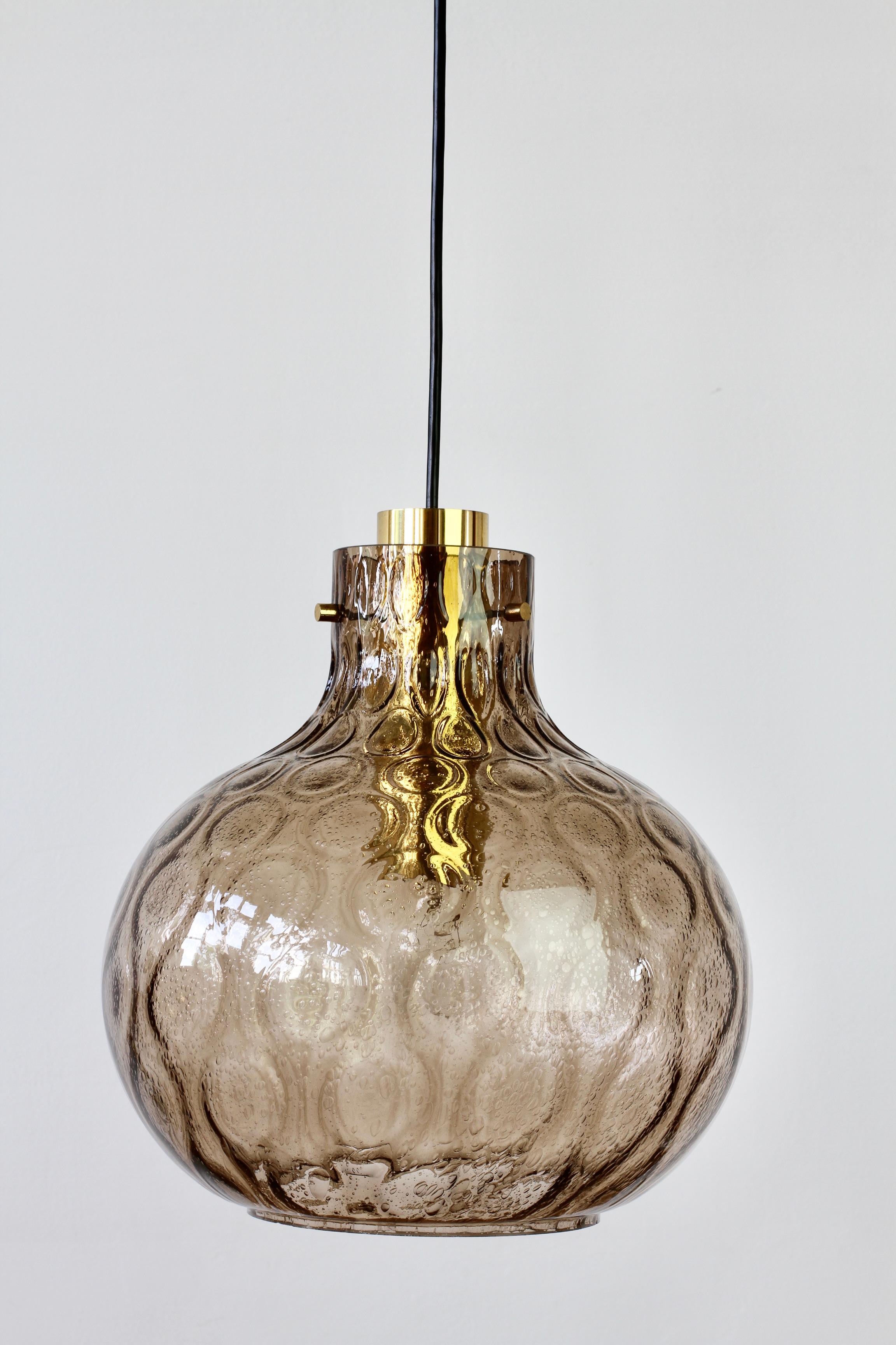 1 of 2 Large Vintage 1970s Bell Shaped Smoked Glass & Brass Globe Pendant Lights For Sale 2