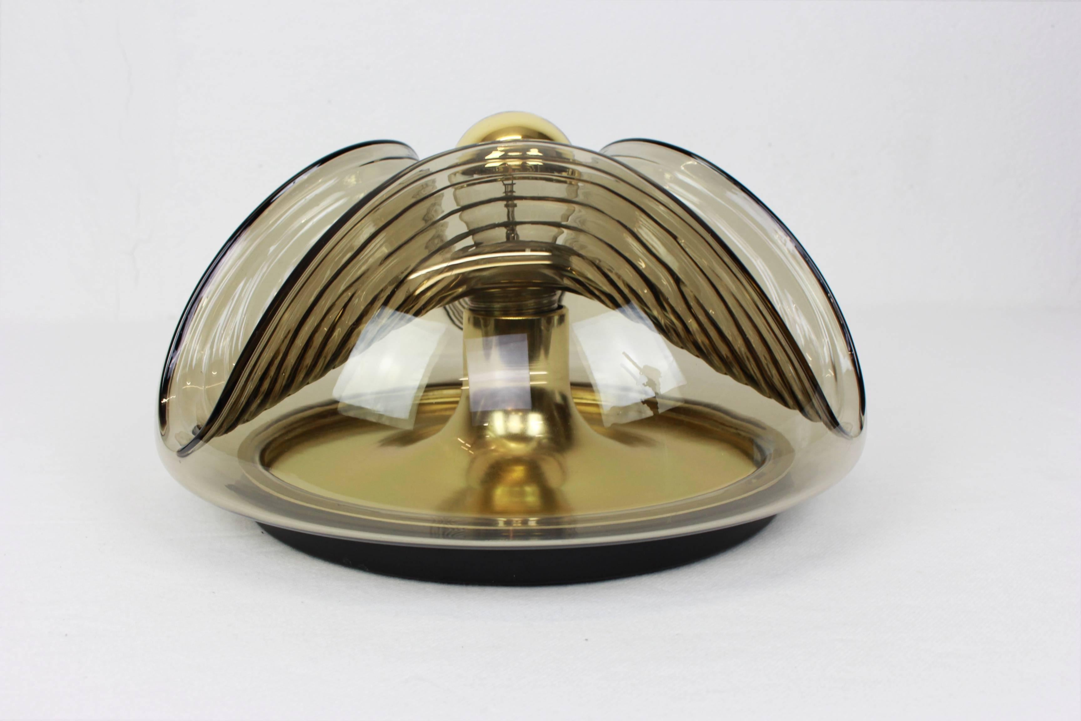 Smoked Glass 1 of 6 Large Wall Sconce Flush Mount, Koch & Lowy by Peill & Putzler, Germany For Sale