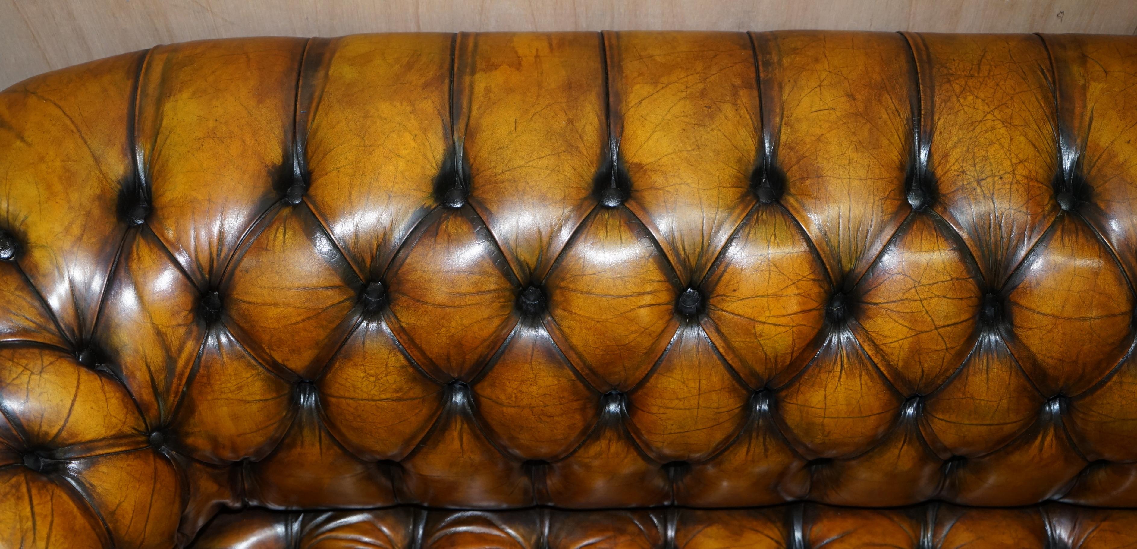 1 of 2 Lovely Hand Dyed Restored Whisky Brown Pleated Leather Chesterfield Sofa 1