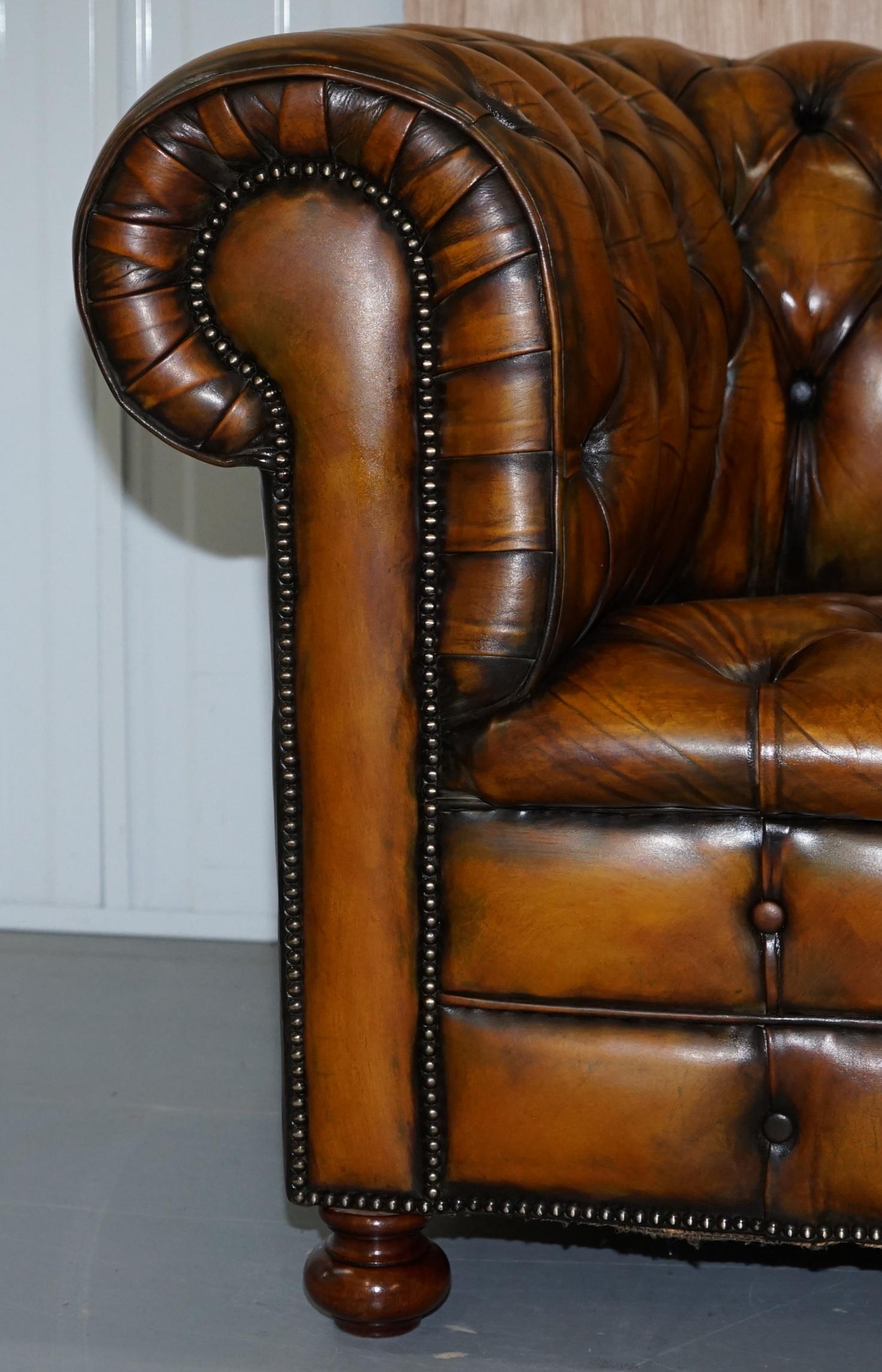 1 of 2 Lovely Hand Dyed Restored Whisky Brown Pleated Leather Chesterfield Sofa 2