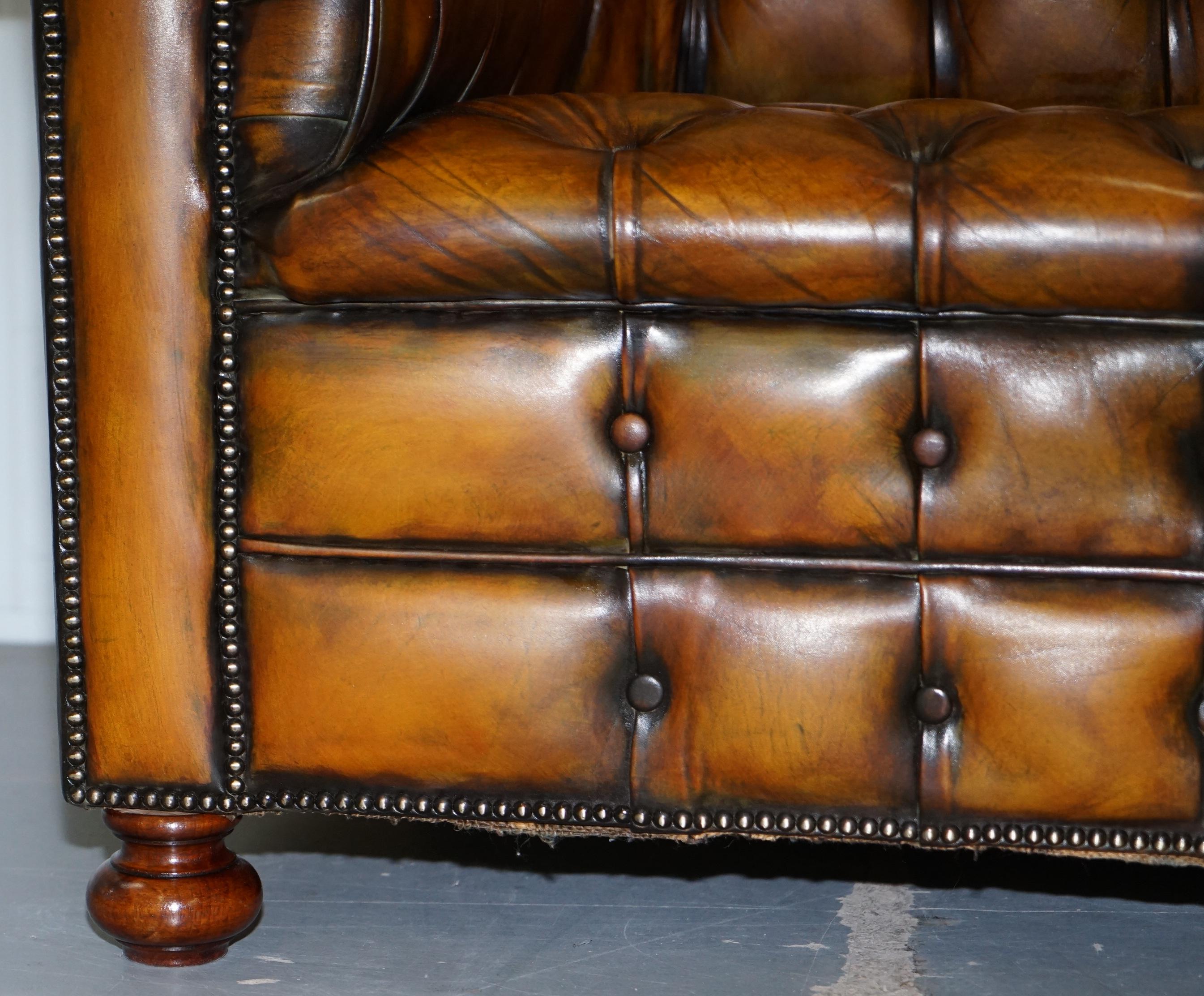 1 of 2 Lovely Hand Dyed Restored Whisky Brown Pleated Leather Chesterfield Sofa 4