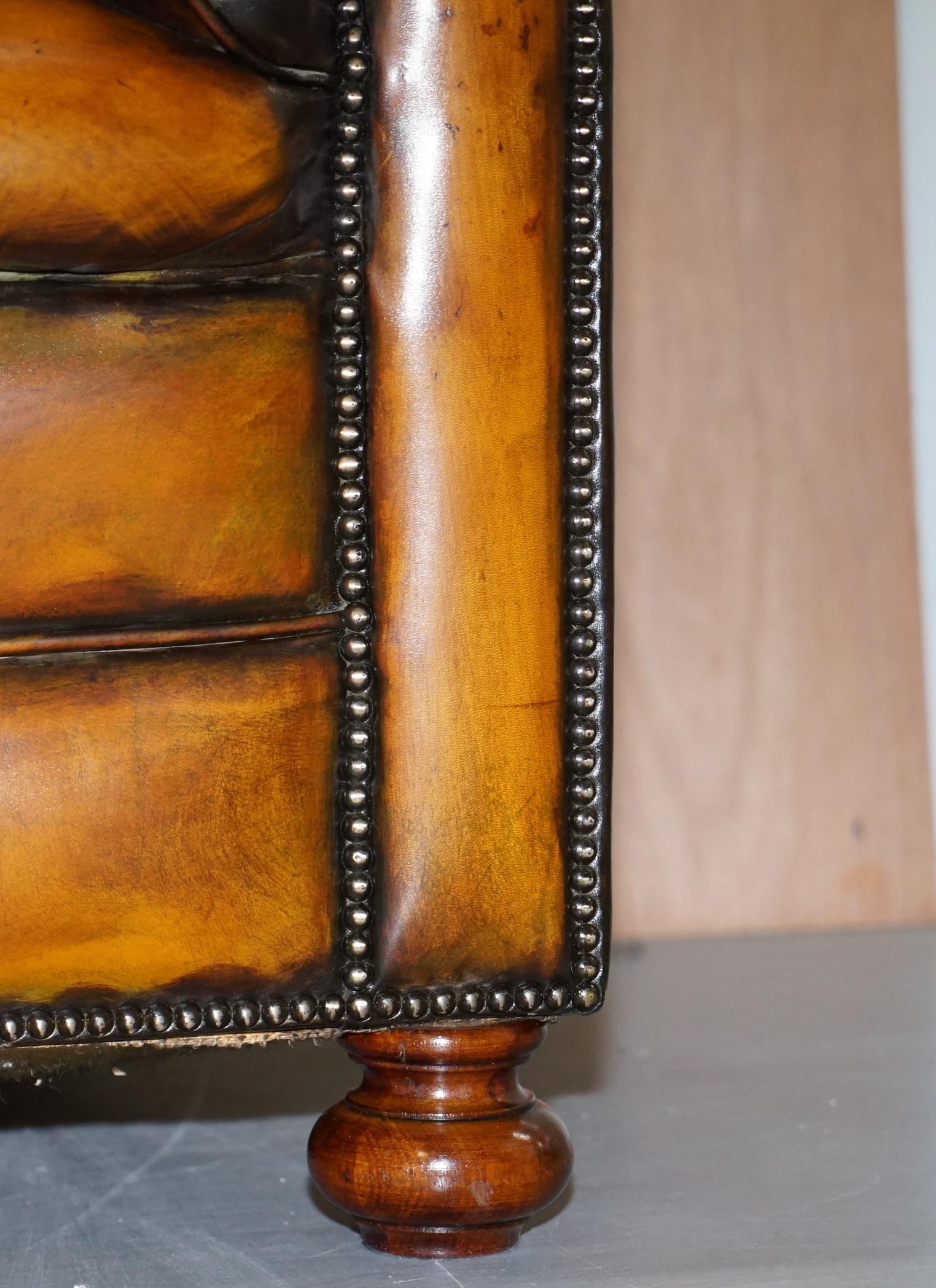 1 of 2 Lovely Hand Dyed Restored Whisky Brown Pleated Leather Chesterfield Sofa 6