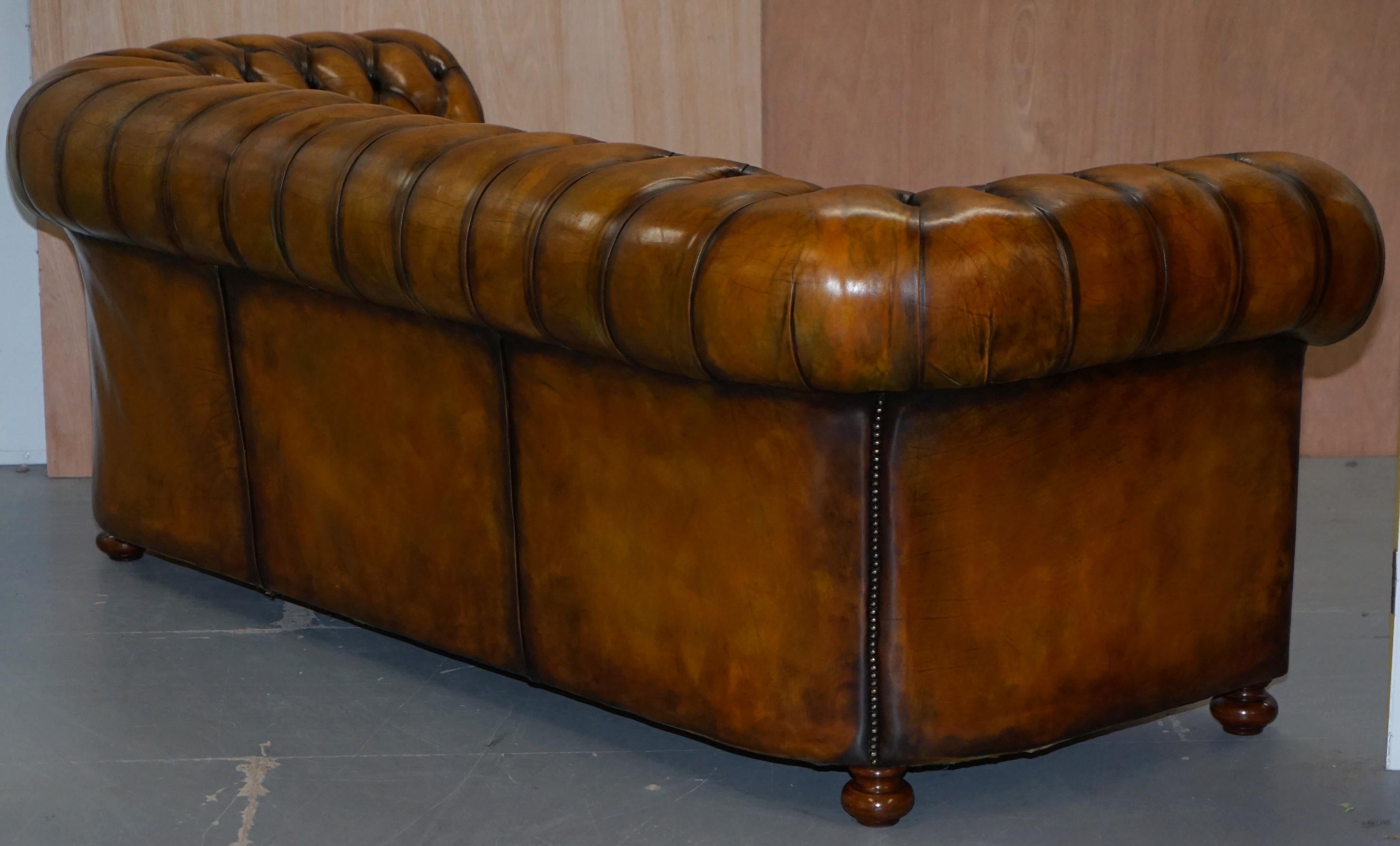 1 of 2 Lovely Hand Dyed Restored Whisky Brown Pleated Leather Chesterfield Sofa 8