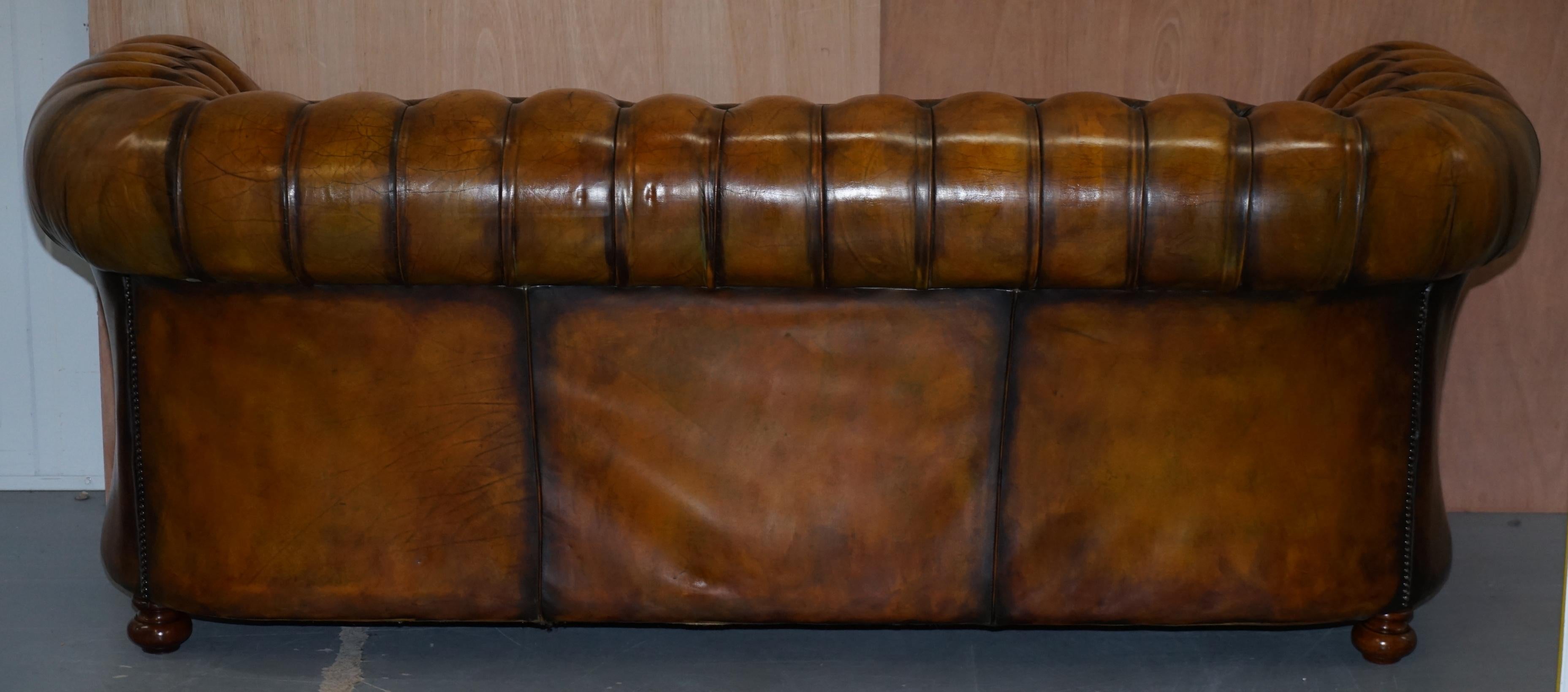 1 of 2 Lovely Hand Dyed Restored Whisky Brown Pleated Leather Chesterfield Sofa 9